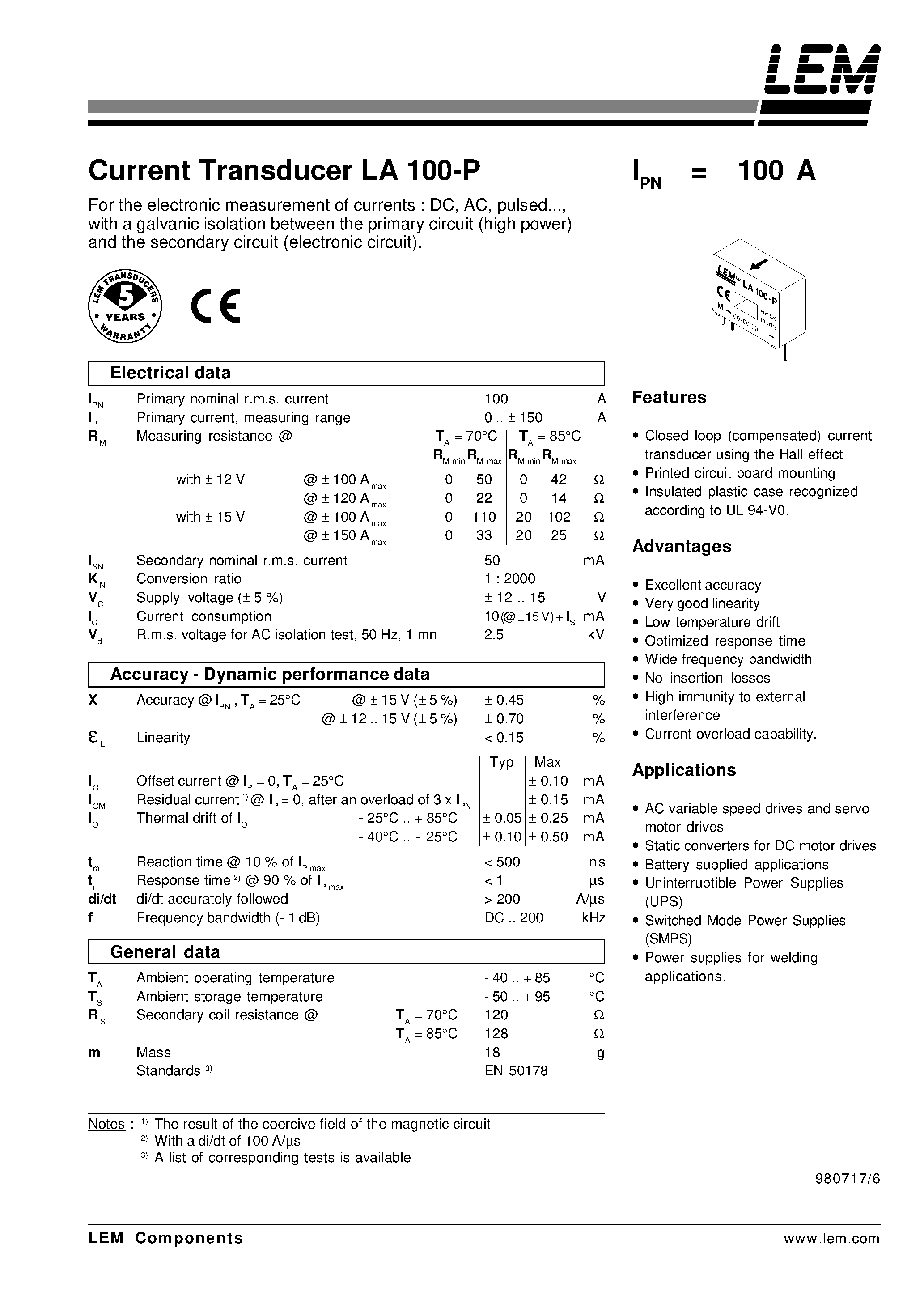 Datasheet LA100P - CURRENT TRANSDUCER LA 100-P page 1