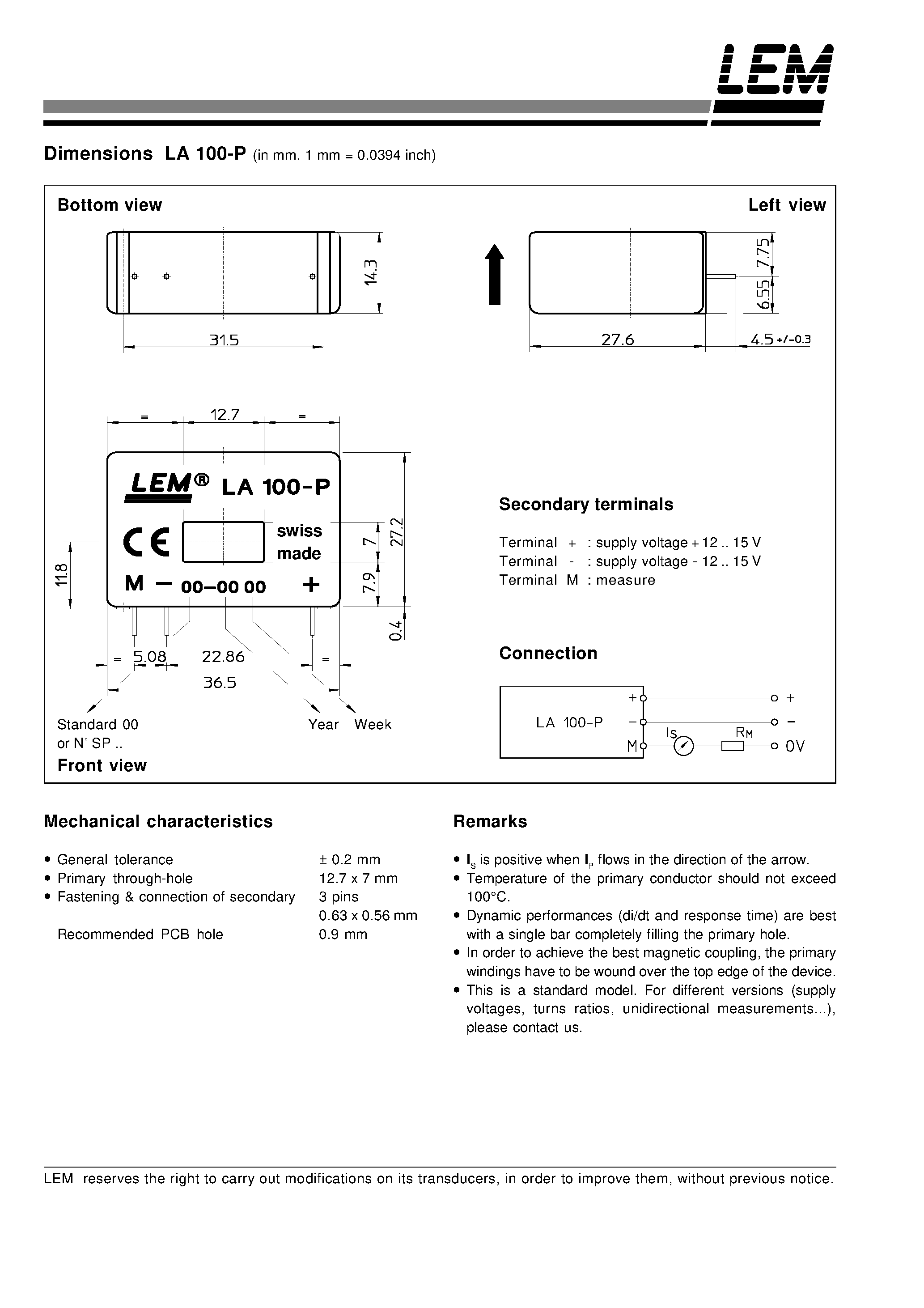 Datasheet LA100P - CURRENT TRANSDUCER LA 100-P page 2