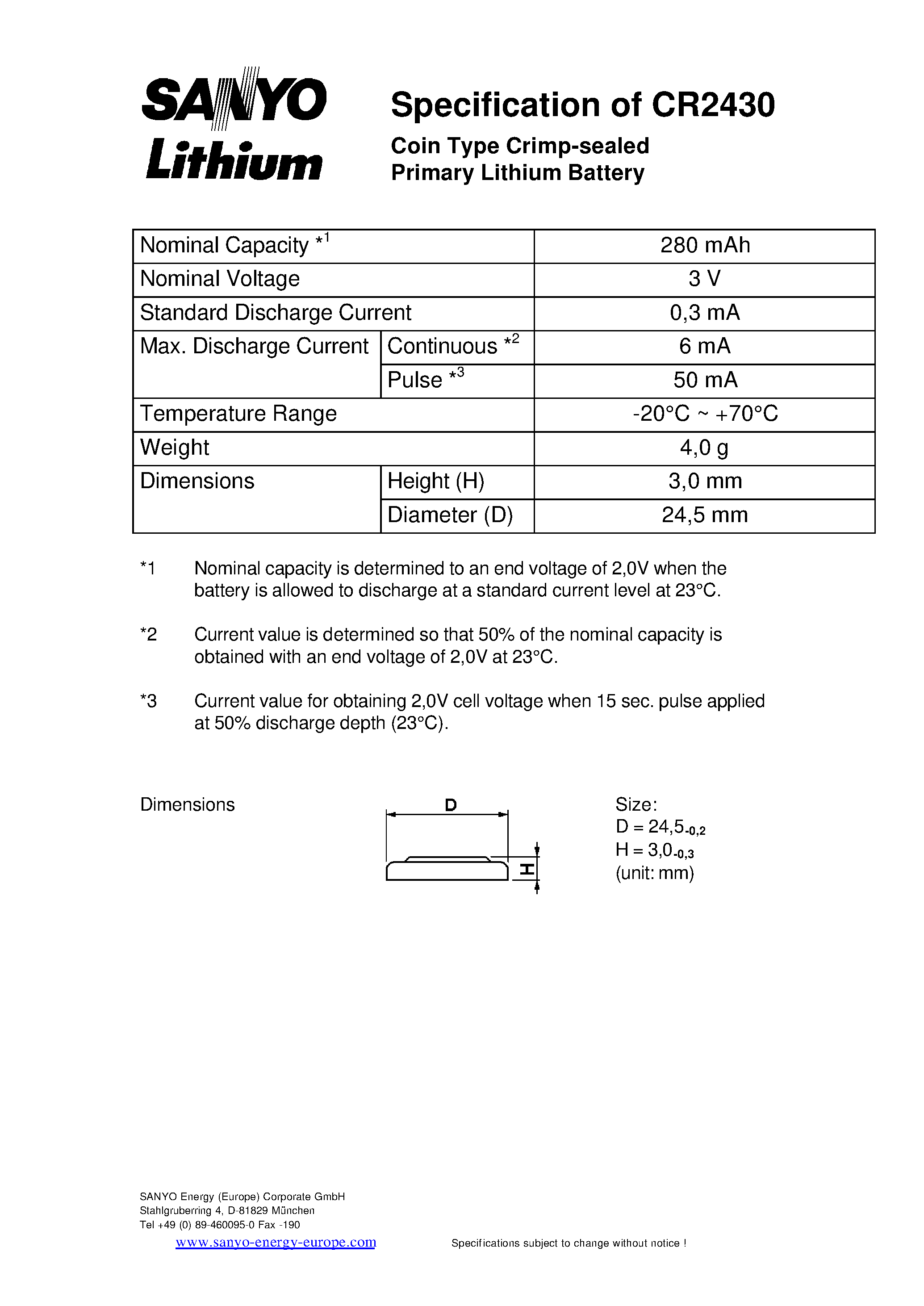 Datasheet CR2430 - Coin Type Crimp-sealed Primary Lithium Battery page 1