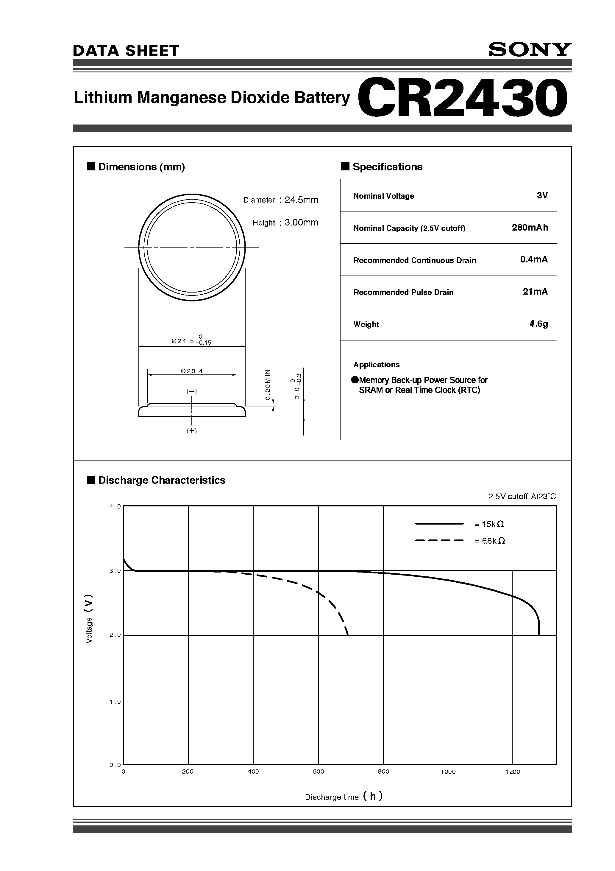 Datasheet CR2430 page 1 Datasheet CR2430 - Lithium Manganese Dioxide BatteryCR2430 page 1