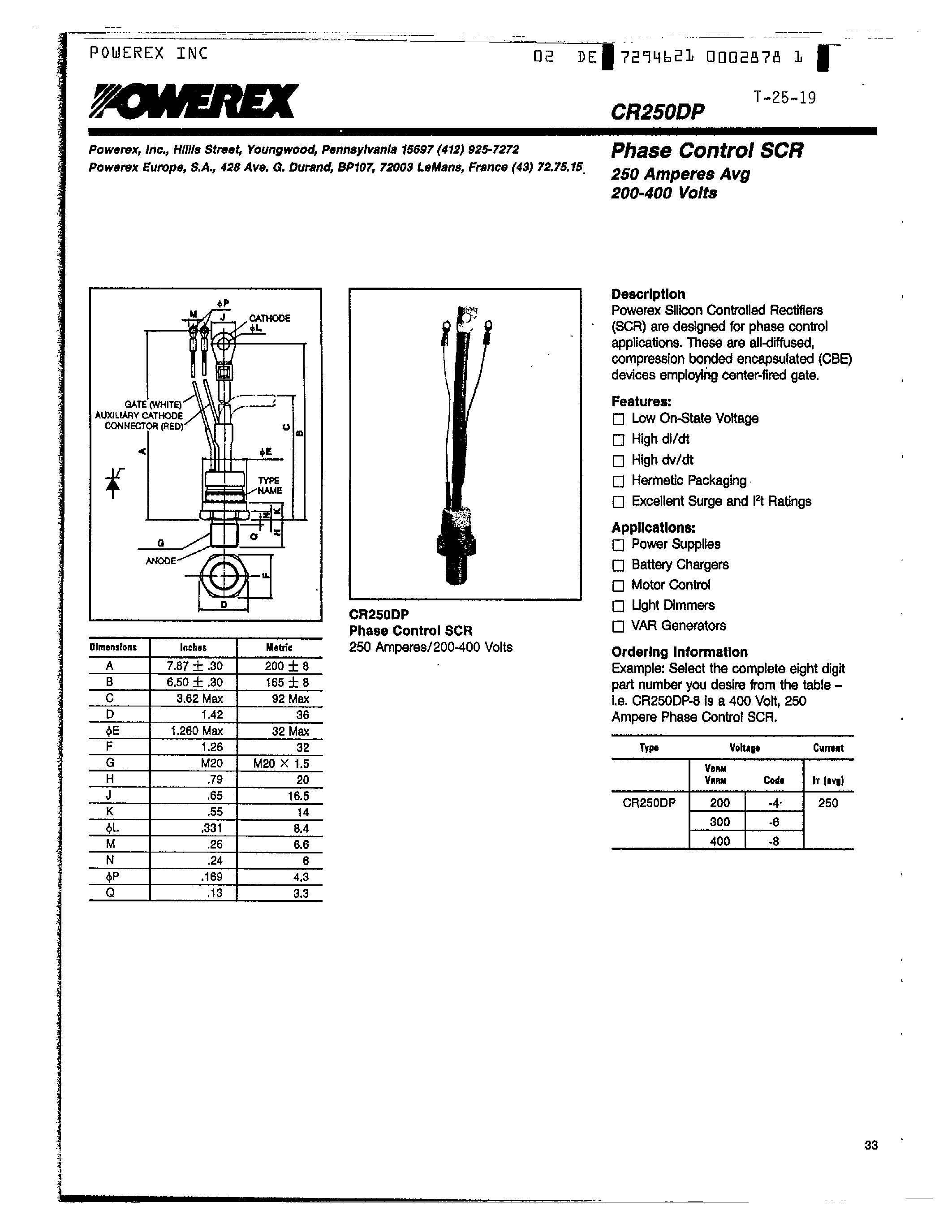Datasheet CR250DP-8 - Phase Control SCR 250 Amperes Avg 200-400 Volts page 1
