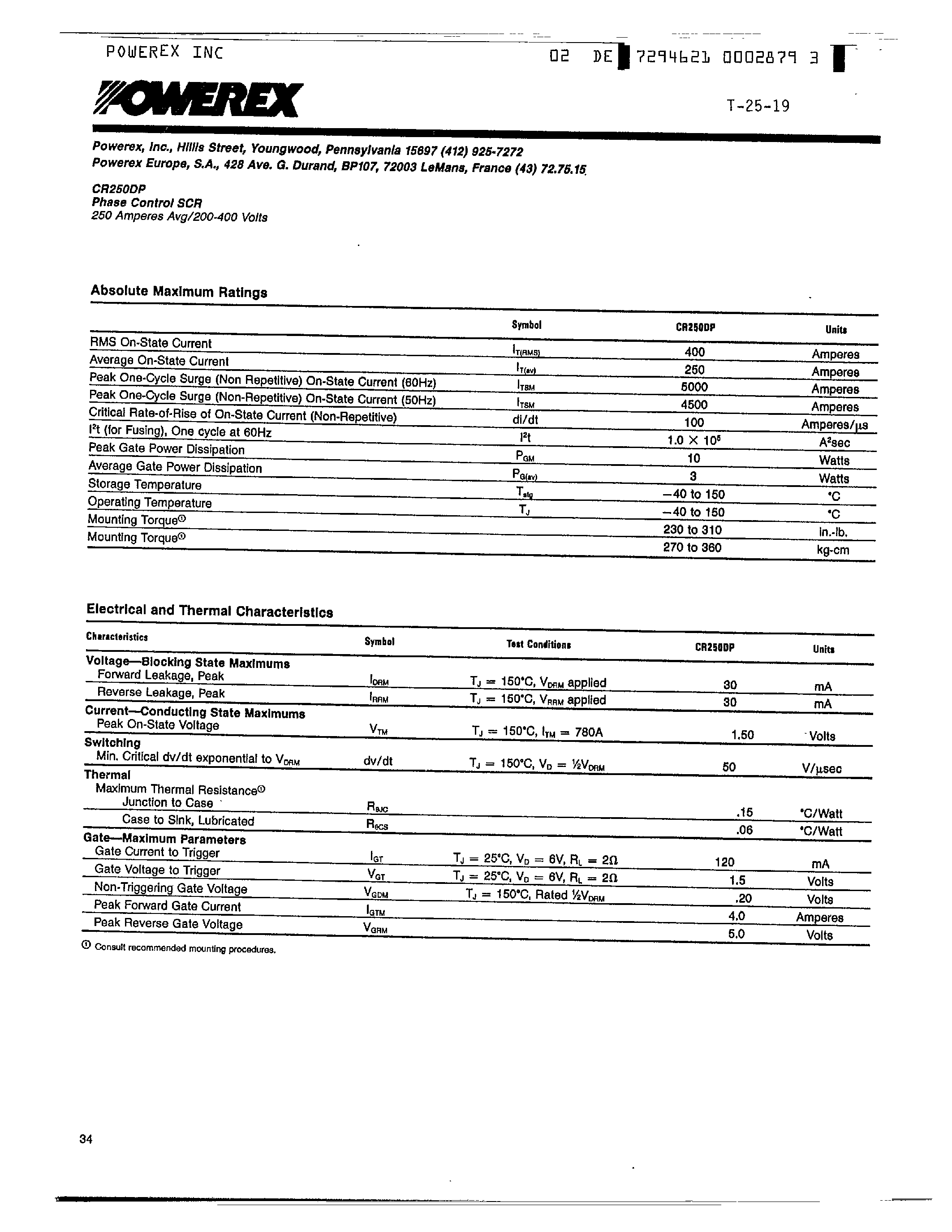 Datasheet CR250DP-8 - Phase Control SCR 250 Amperes Avg 200-400 Volts page 2