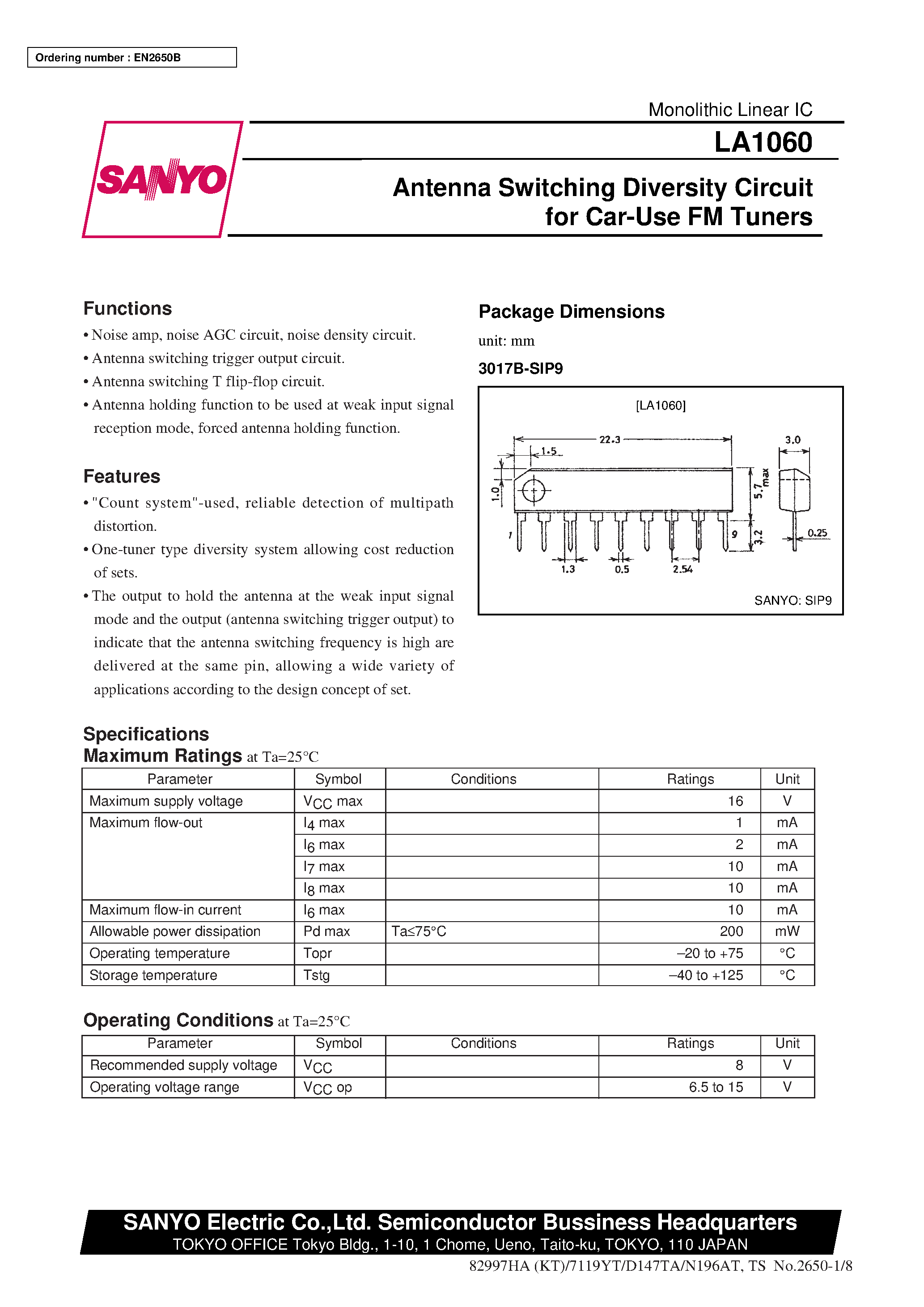 Datasheet LA1060 - Antenna Switching Diversity Circuit for Car-Use FM Tuners page 1