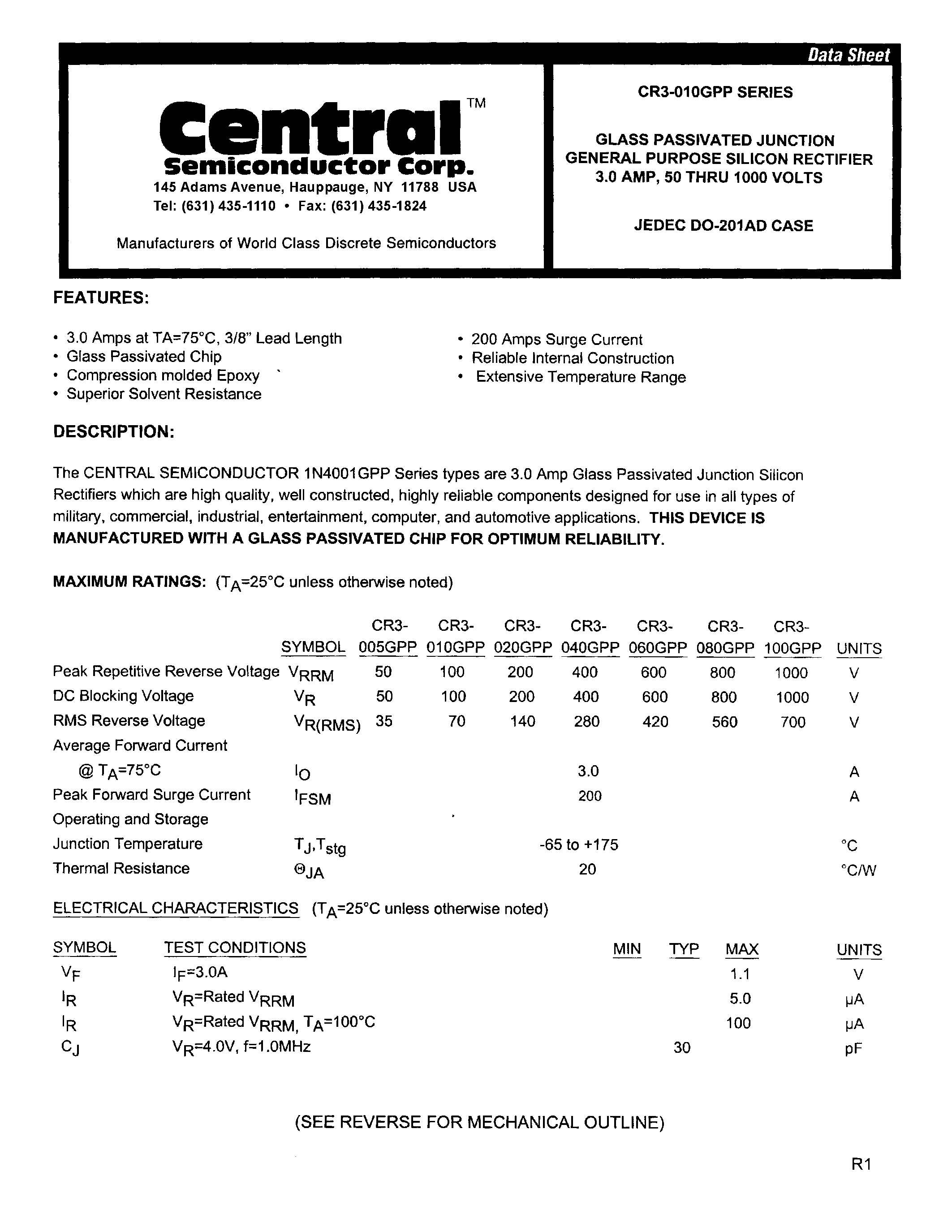 Datasheet CR3-005GPP - GLASS PASSIVATED JUNCTION GENERAL PURPOSE SILICON RECTIFIER 3.0 AMP 50 THRU 1000VOLTS page 1