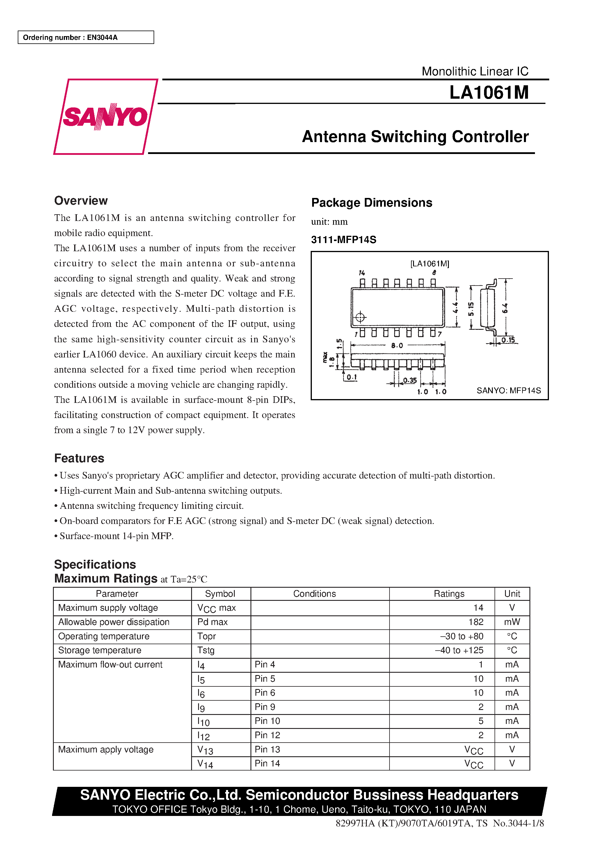 Datasheet LA1061M - Antenna Switching Controller page 1