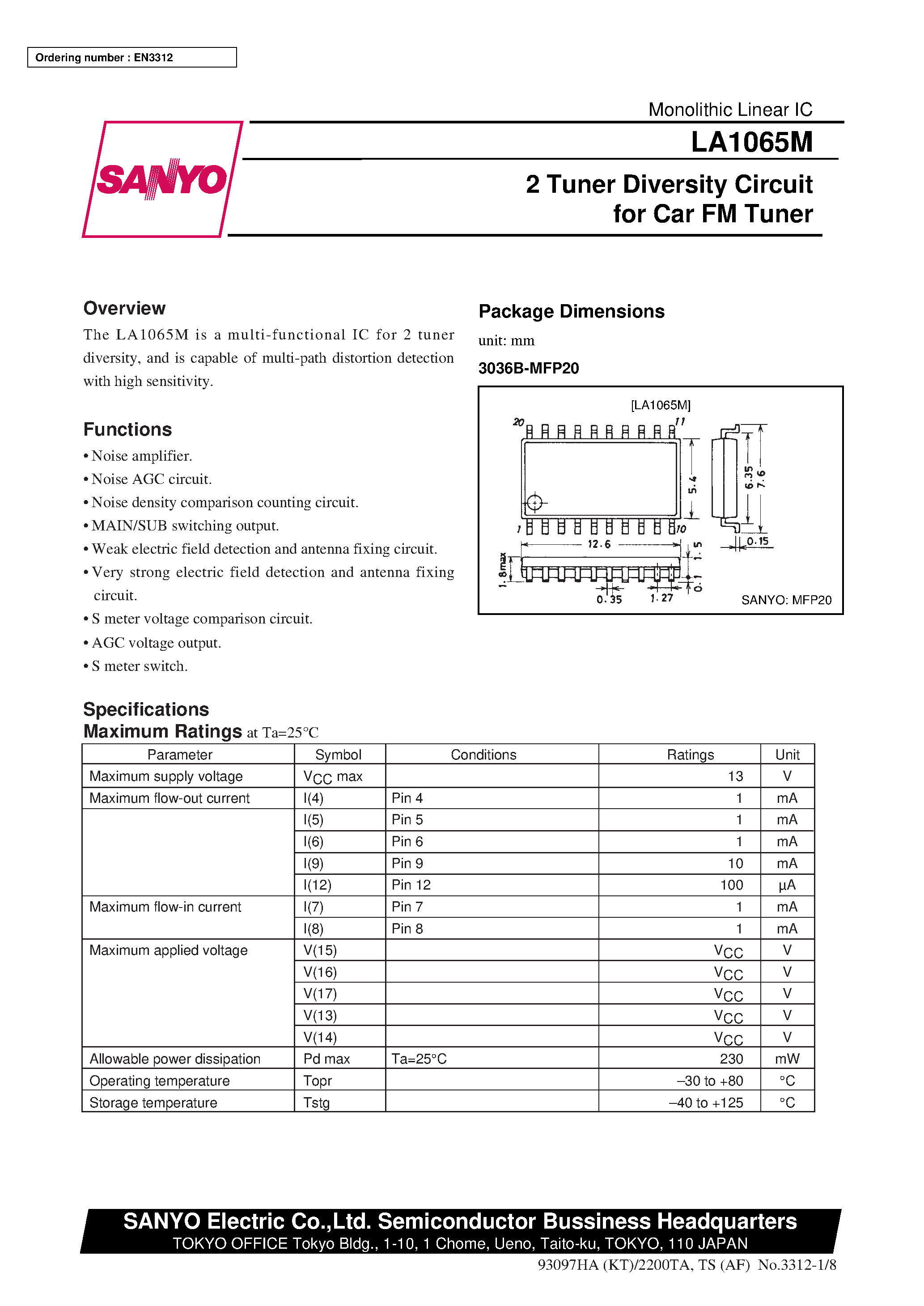 Datasheet LA1065M - 2 Tuner Diversity Circuit for Car FM Tuner page 1