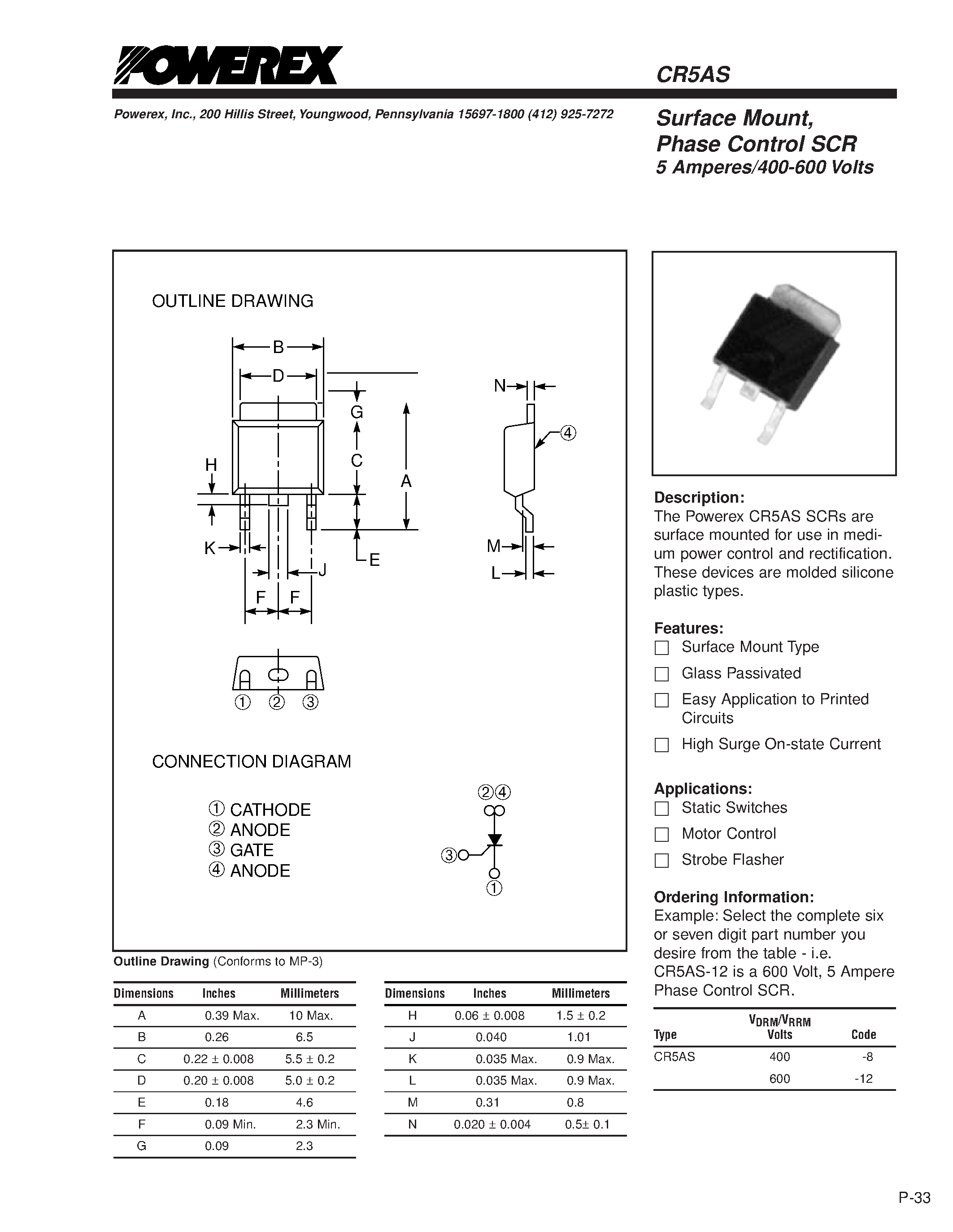 Datasheet CR5AS page 1 Datasheet CR5AS - Surface Mount/ Phase Control SCR 5 Amperes/400-600 Volts page 1