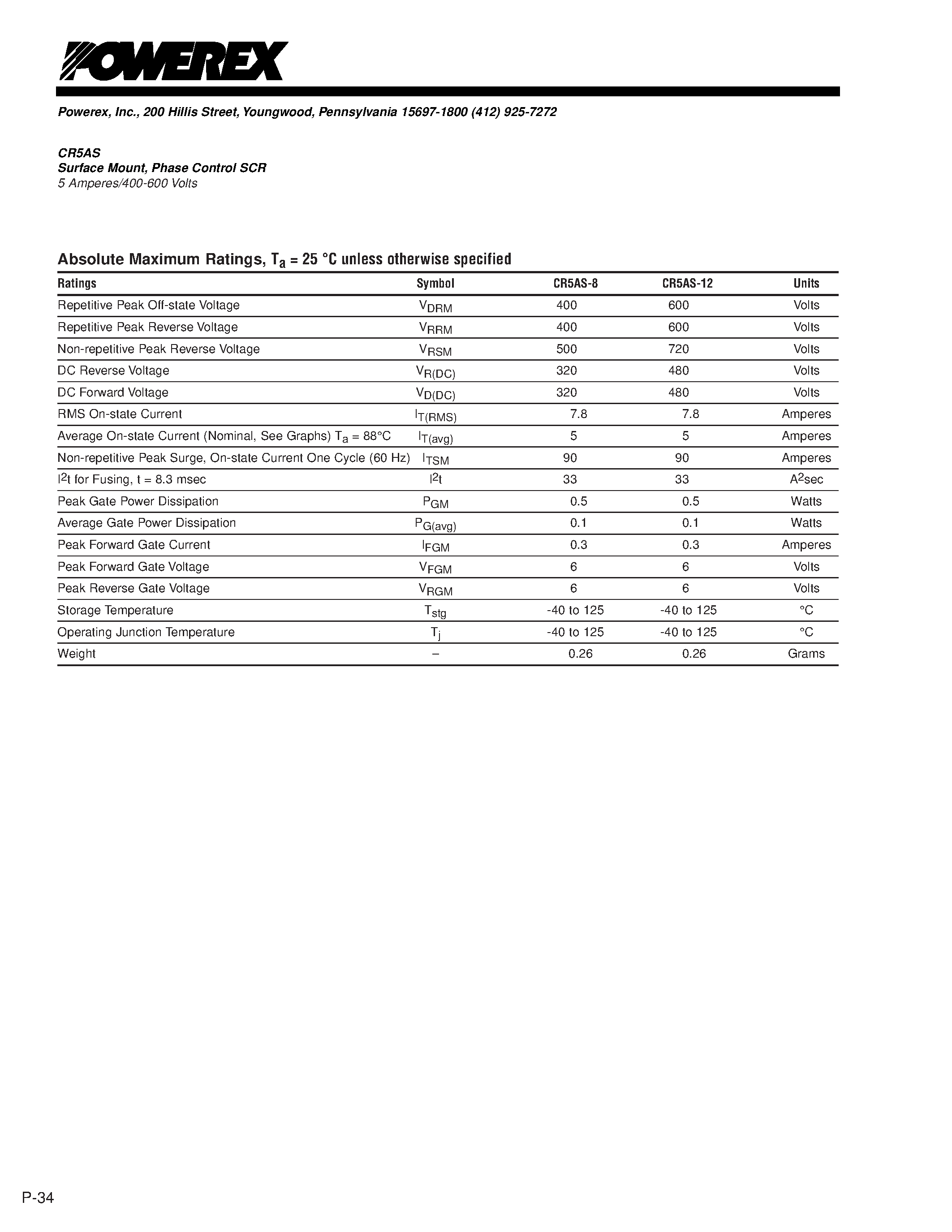 Datasheet CR5AS600-12 - Surface Mount/ Phase Control SCR 5 Amperes/400-600 Volts page 2