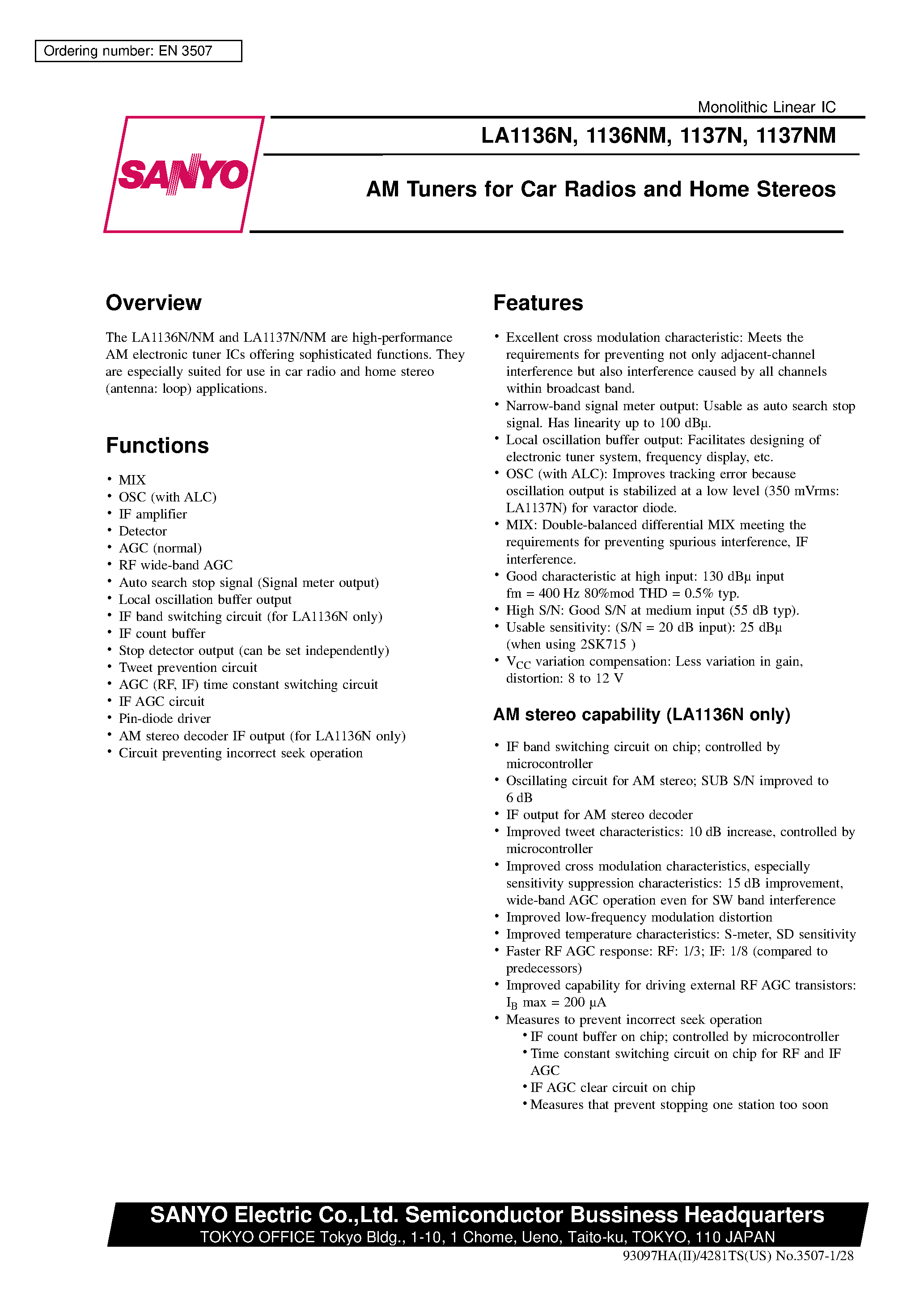 Даташит на микросхему LA1136 страница 1 Даташит LA1136 - AM Tuners for Car Radios and Home Stereos страница 1