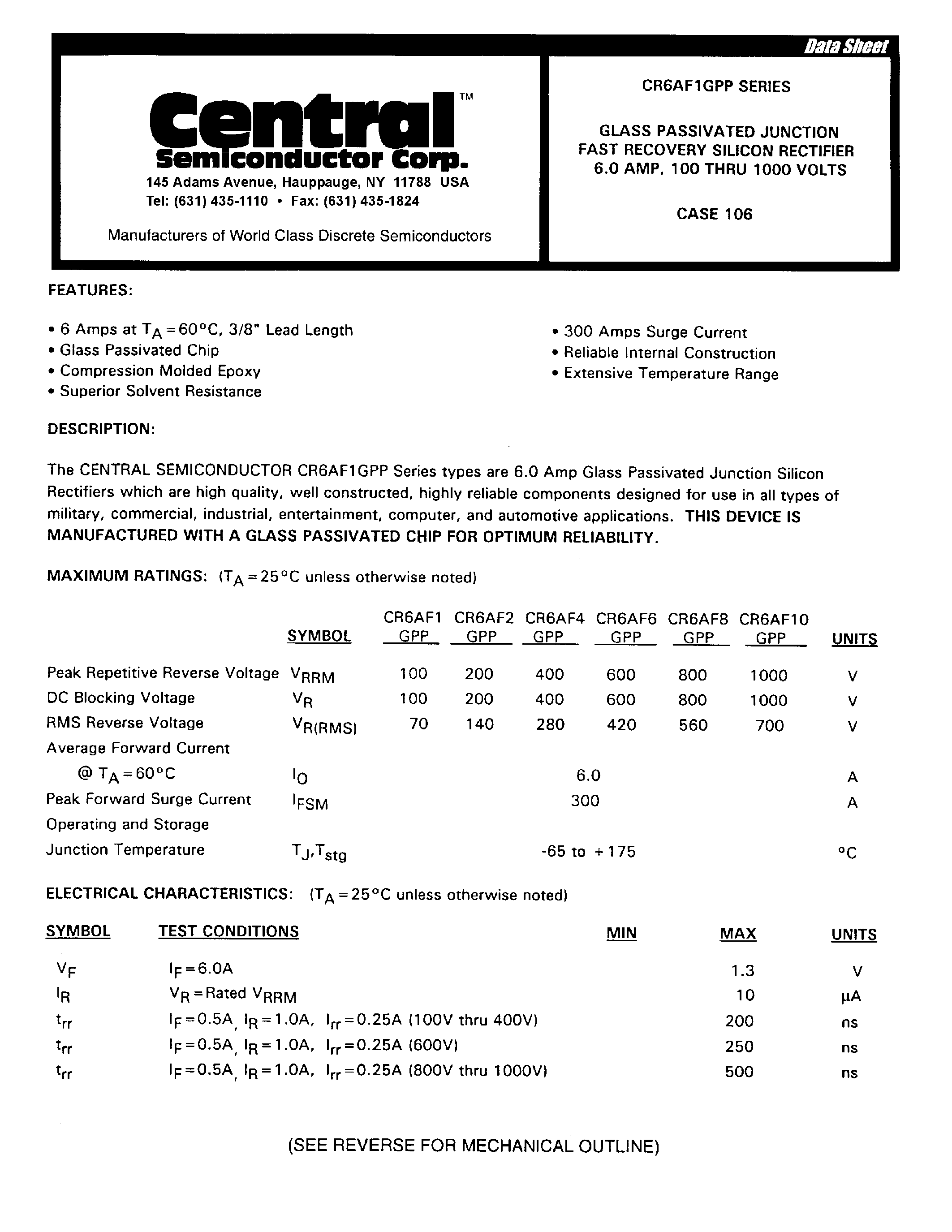 Datasheet CR6AF8GPP - GLASS PASSIVATED JUNCTION FAST RECOVERY SILICON RECTIFIER 6.0 AMP 100 THRU 1000 VOLTS page 1