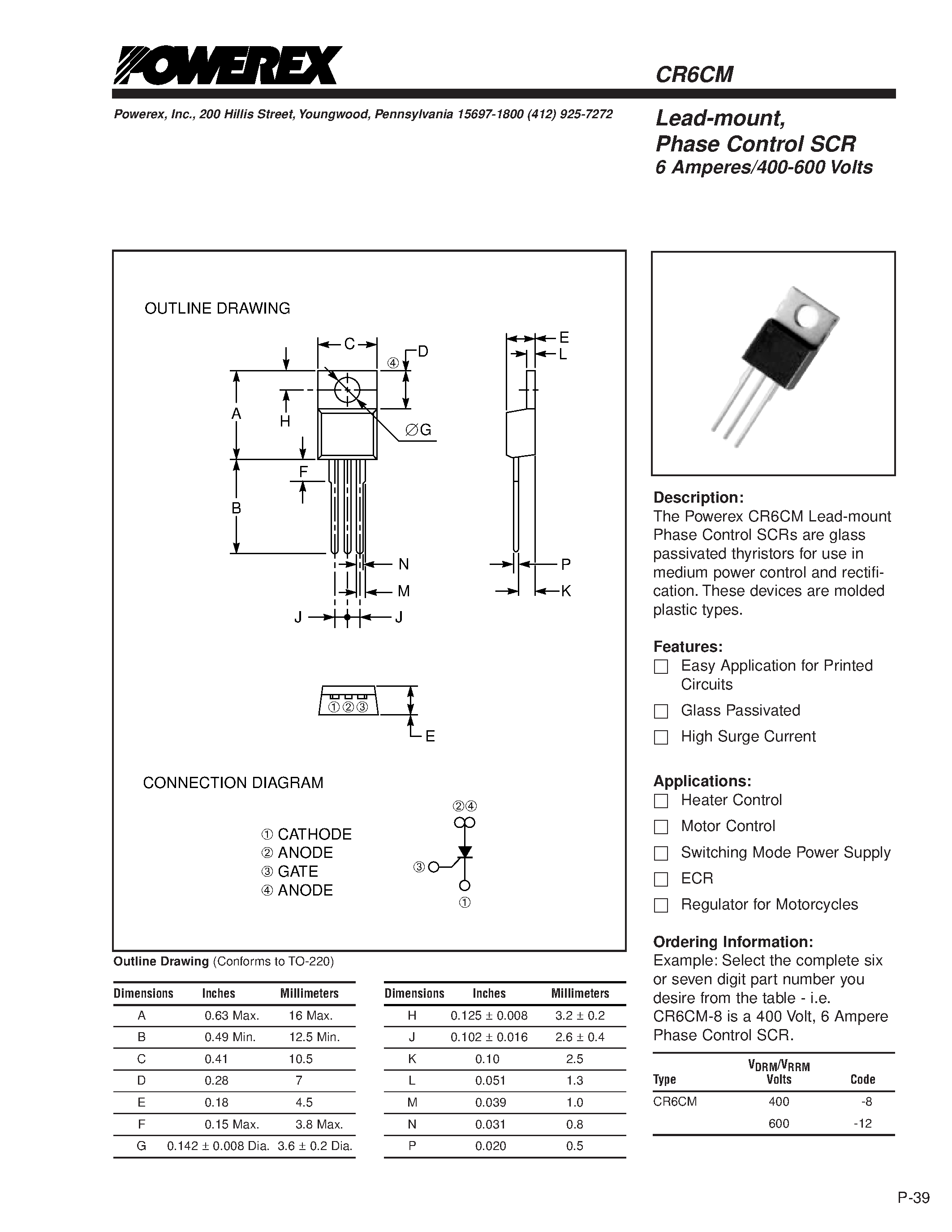 Datasheet CR6CM400-8 - Lead-mount/ Phase Control SCR 6 Amperes/400-600 Volts page 1