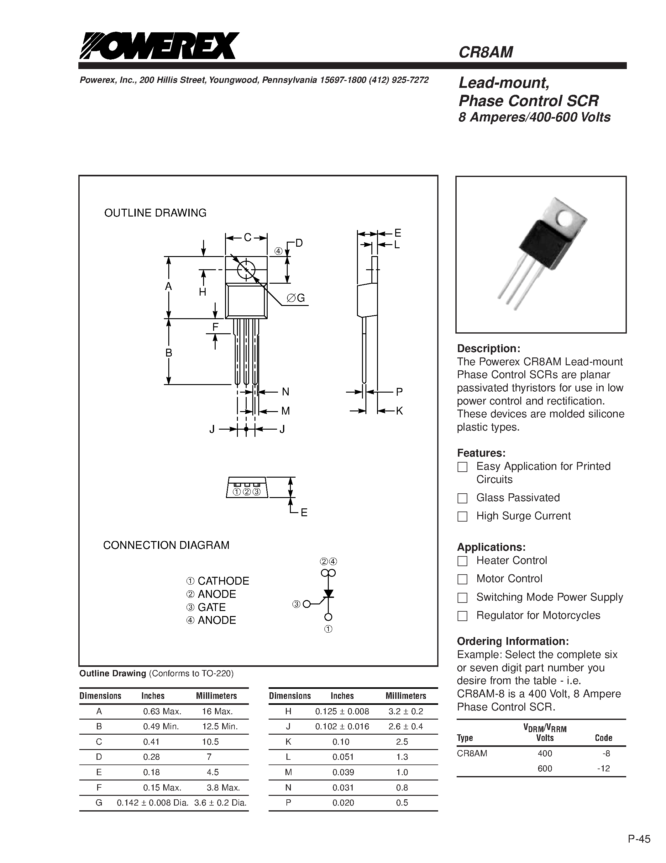 Datasheet CR8AM600-12 - Lead-mount/ Phase Control SCR 8 Amperes/400-600 Volts page 1