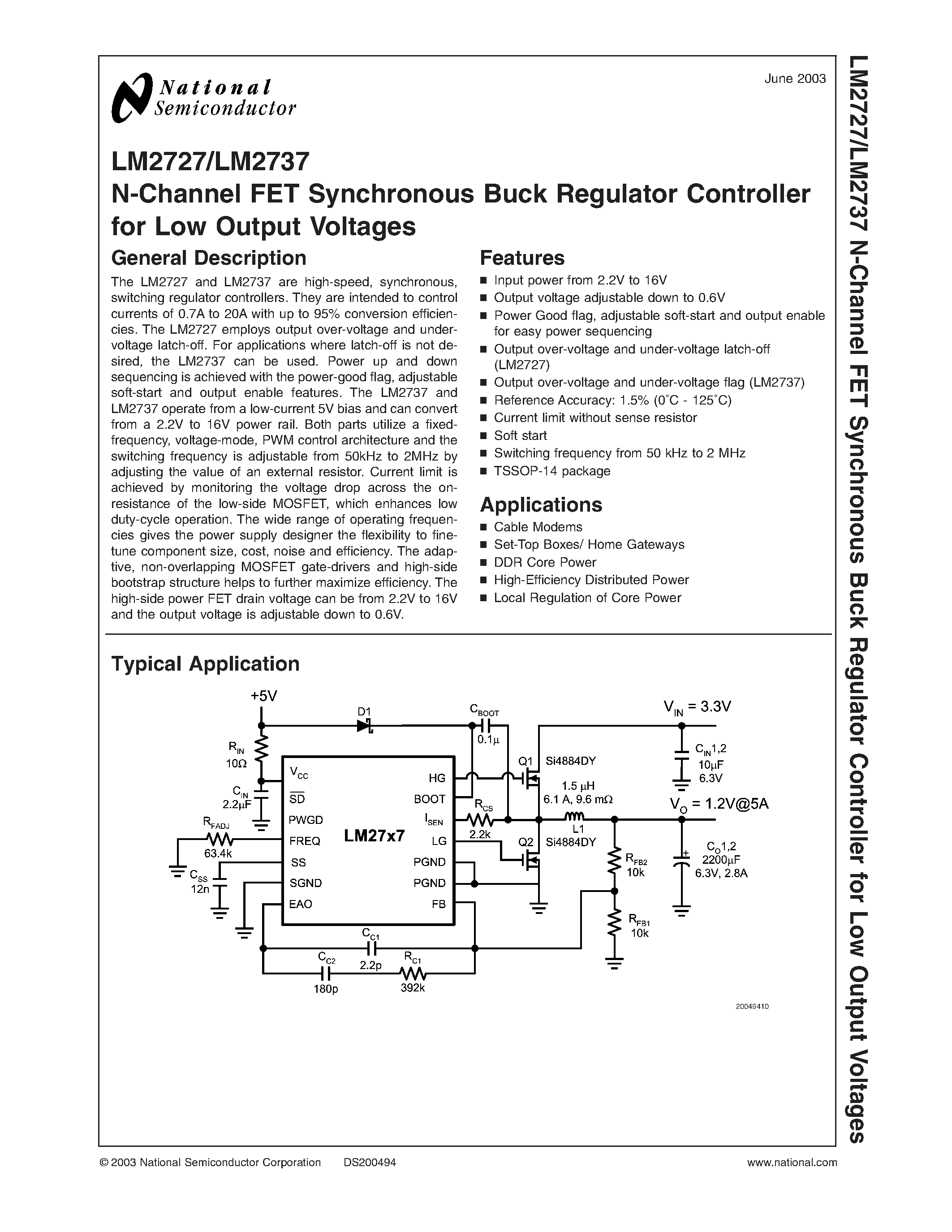 Datasheet CRCW12064991F - N-Channel FET Synchronous Buck Regulator Controller for Low Output Voltages page 1