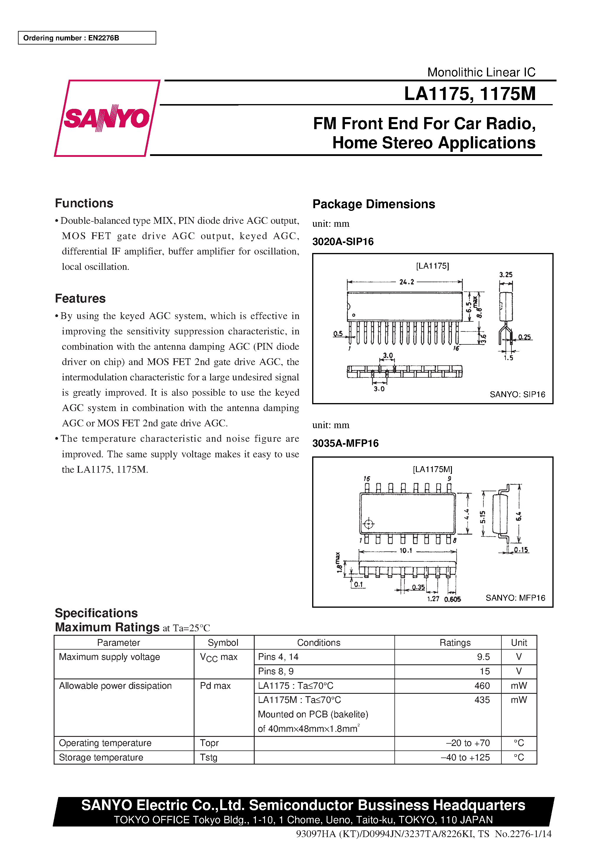 Даташит LA1175M - FM Front End For Car Radio/ Home Stereo Applications страница 1