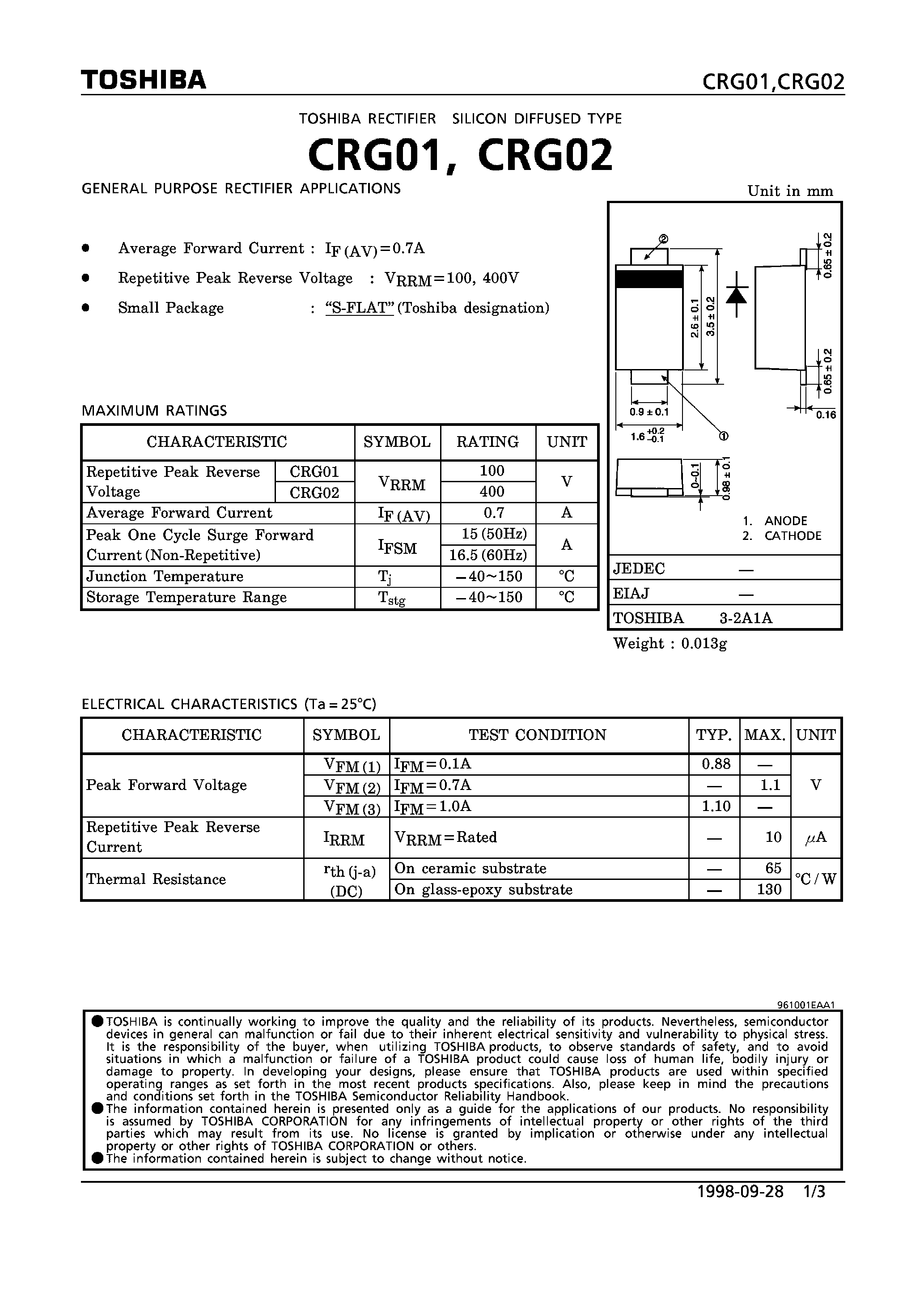 Datasheet CRG02 page 1 Datasheet CRG02 - DIFFUSED TYPE (GENERAL PURPOSE RECTIFIER APPLICATIONS) page 1