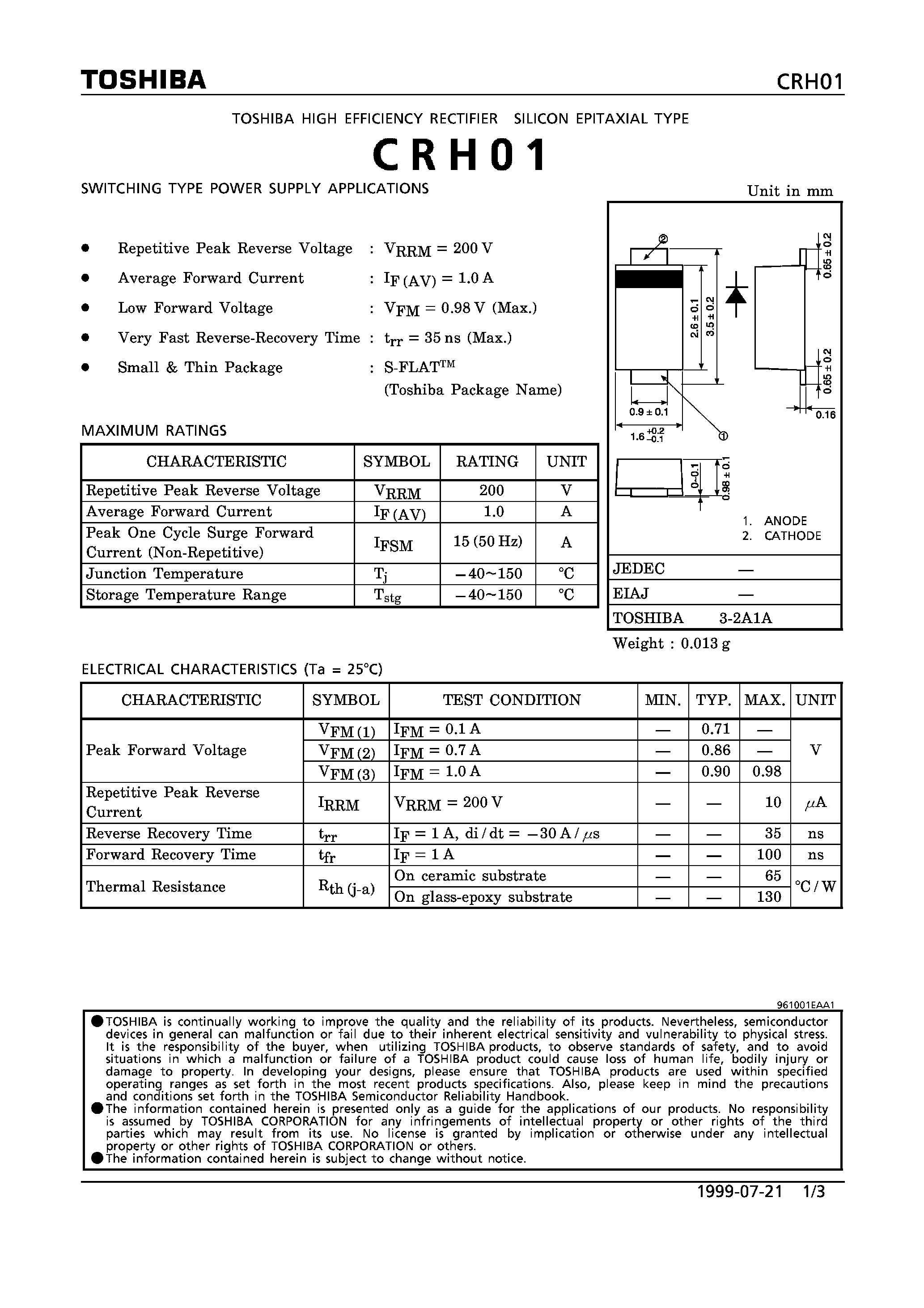 Datasheet CRH01 page 1 Datasheet CRH01 - HIGH EFFICIENCY RECTIFIER (SWITCHING TYPE POWER SUPPLY APPLICATIONS) page 1