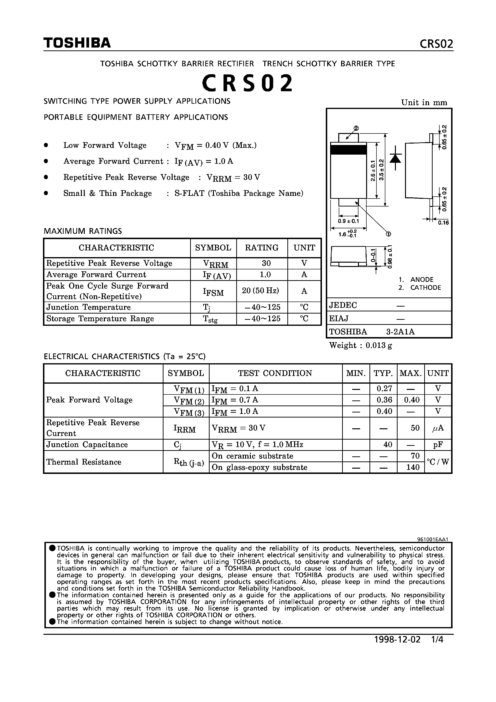 Datasheet CRS02 page 1 Datasheet CRS02 - TRENCH SCHOTTKY BARRIER TYPE (SWITCHING TYPE POWER SUPPLY/ PORTABLE EQUIPMENT BATTERY APPLICATIONS) page 1