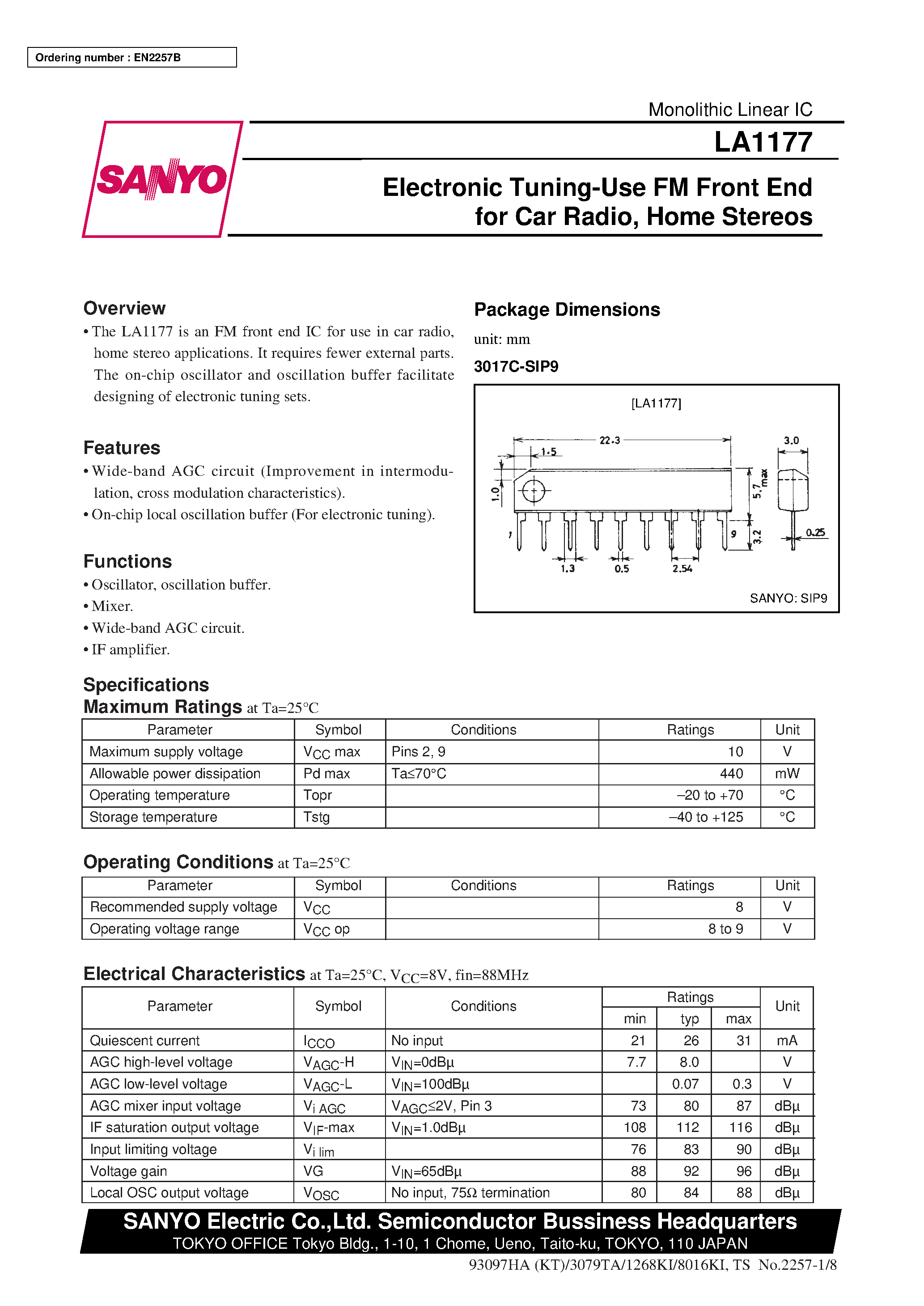 Даташит LA1177 - Electronic Tuning-Use FM Front End for Car Radio/ Home Stereos страница 1