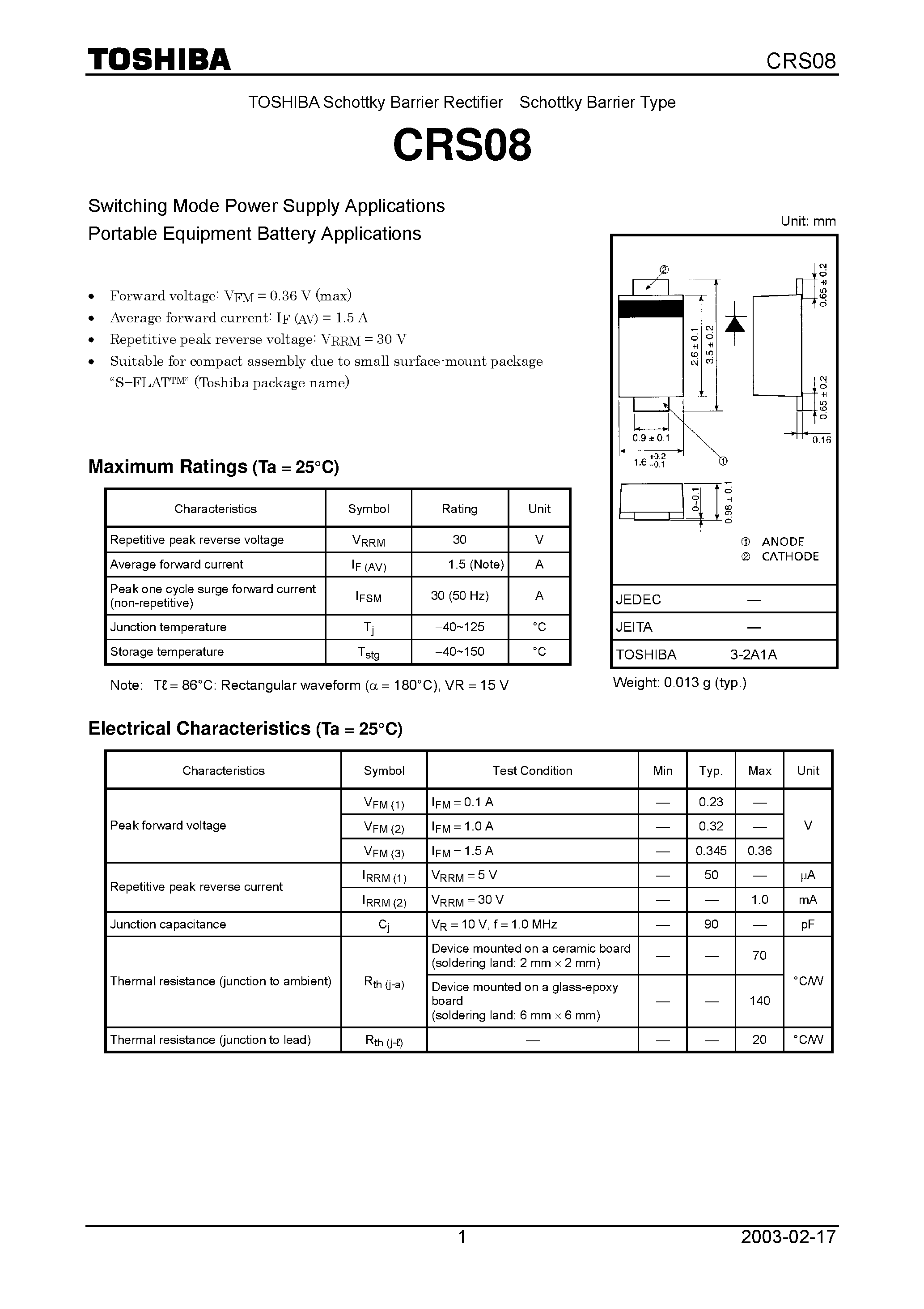 Datasheet CRS08 page 1 Datasheet CRS08 - Switching Mode Power Supply Applications Portable Equipment Battery Applications page 1