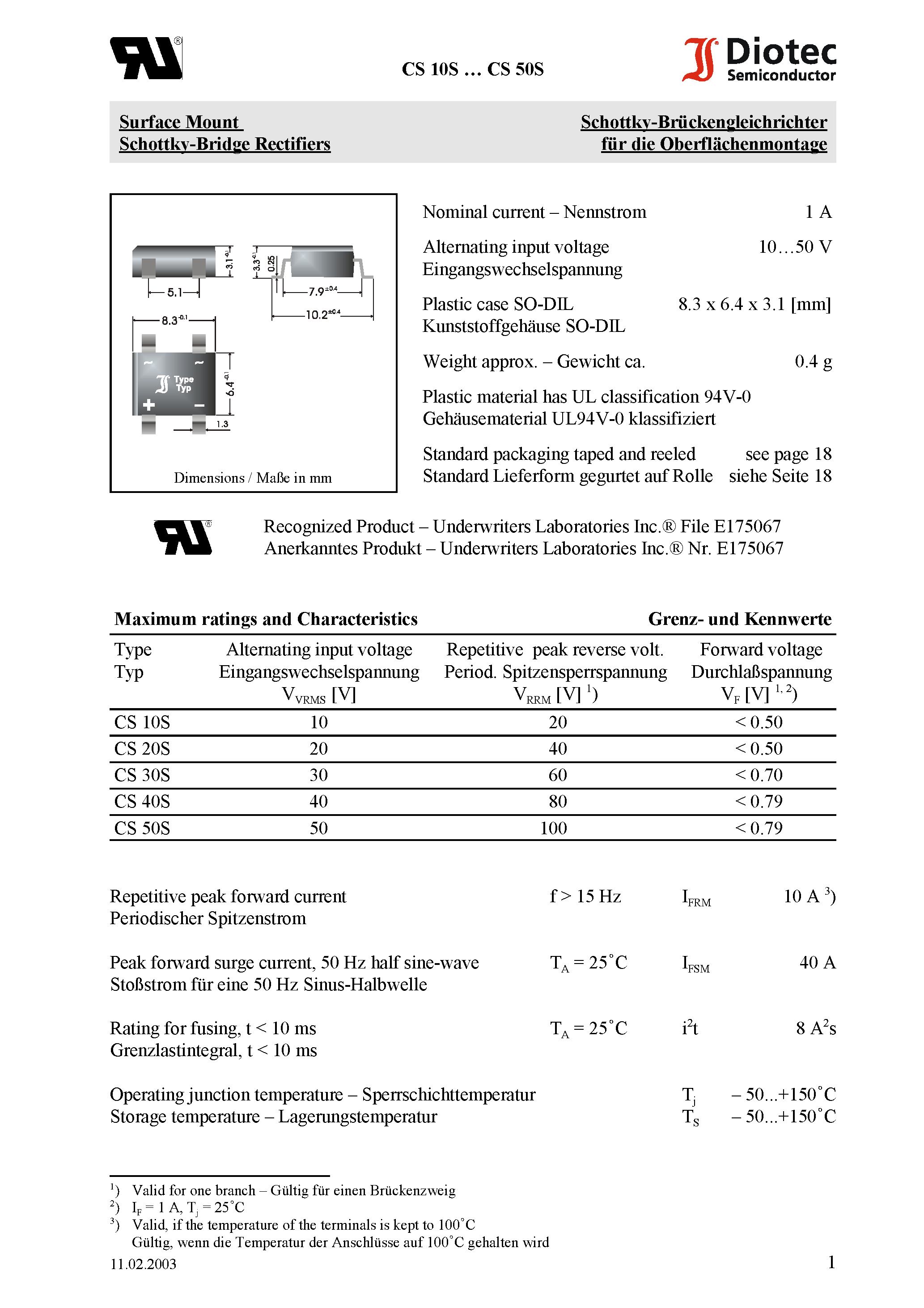 Datasheet CS10S page 1 Datasheet CS10S - Surface Mount Schottky-Bridge Rectifiers page 1