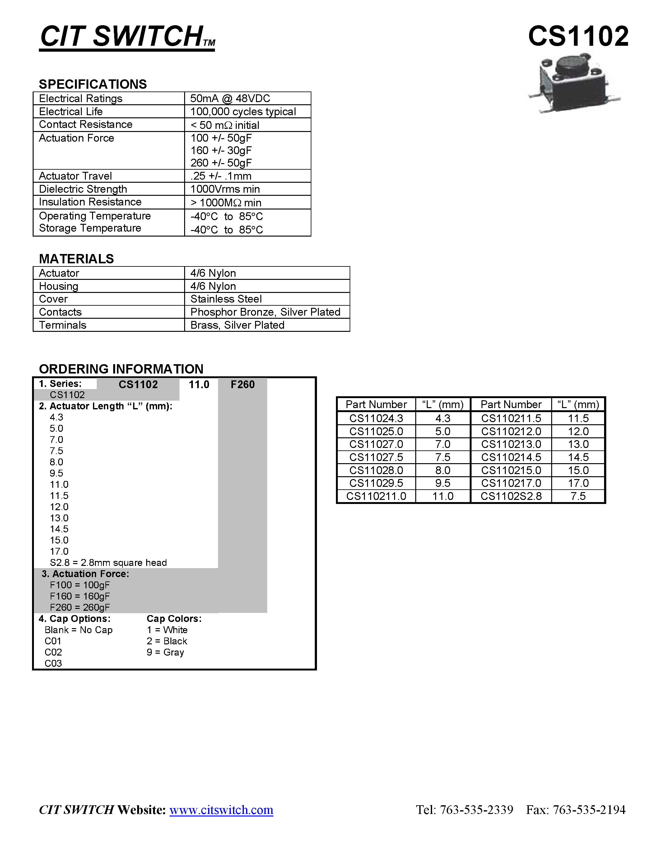 Datasheet CS1102 - CIT SWITCH page 1