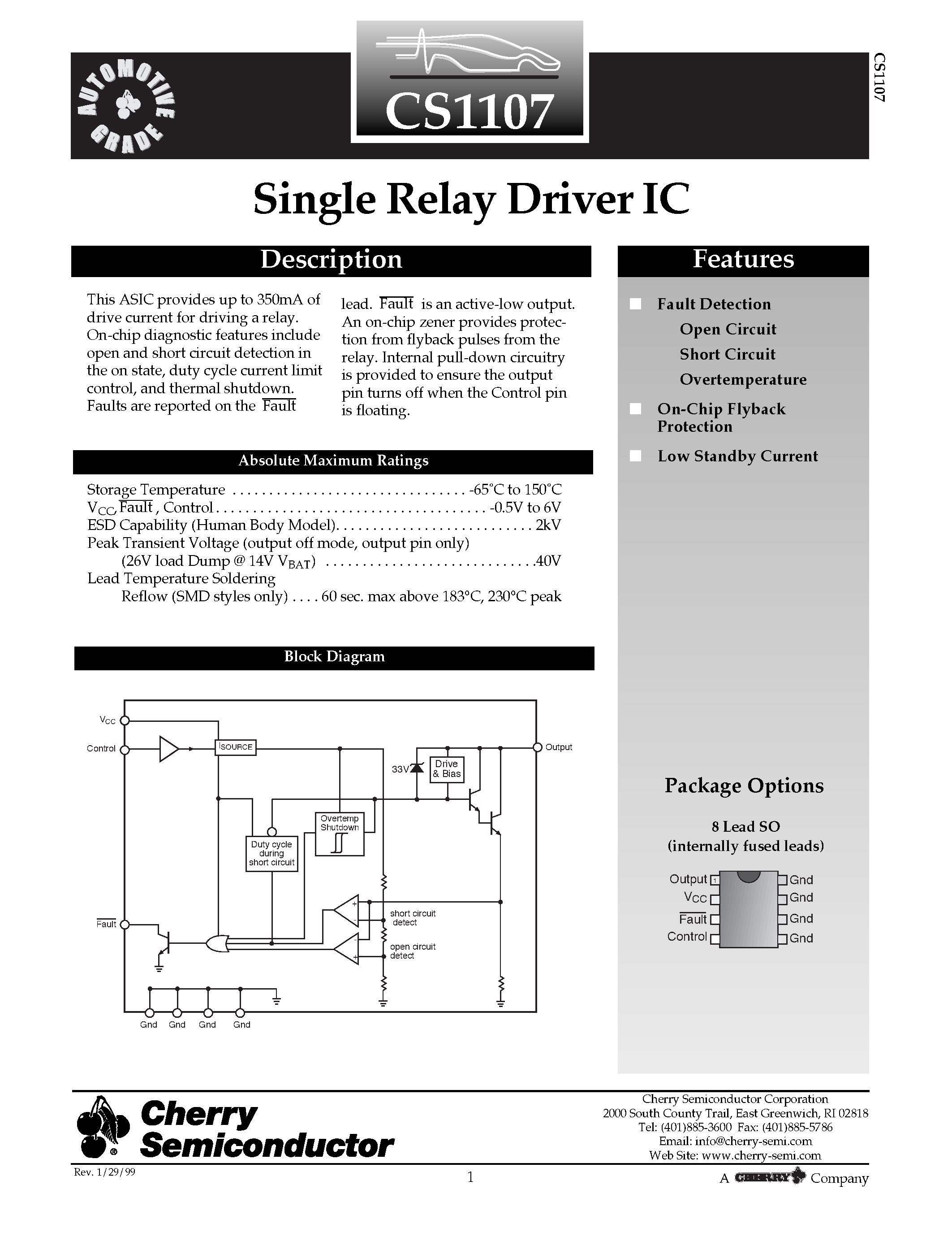 Datasheet CS1107EDF8 - Single Relay Driver IC page 1