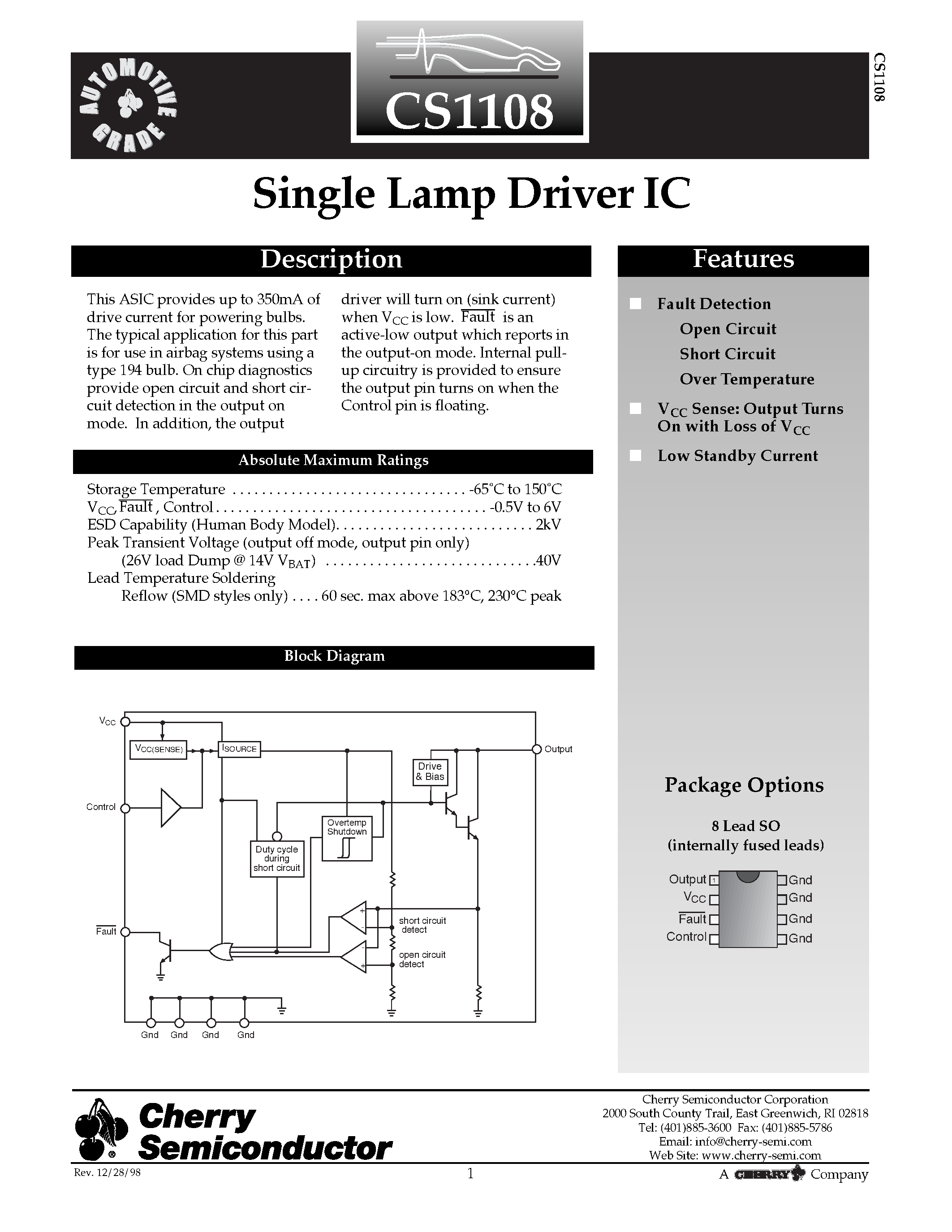 Даташит на микросхему CS1108 страница 1 Даташит CS1108 - Single Lamp Driver IC страница 1