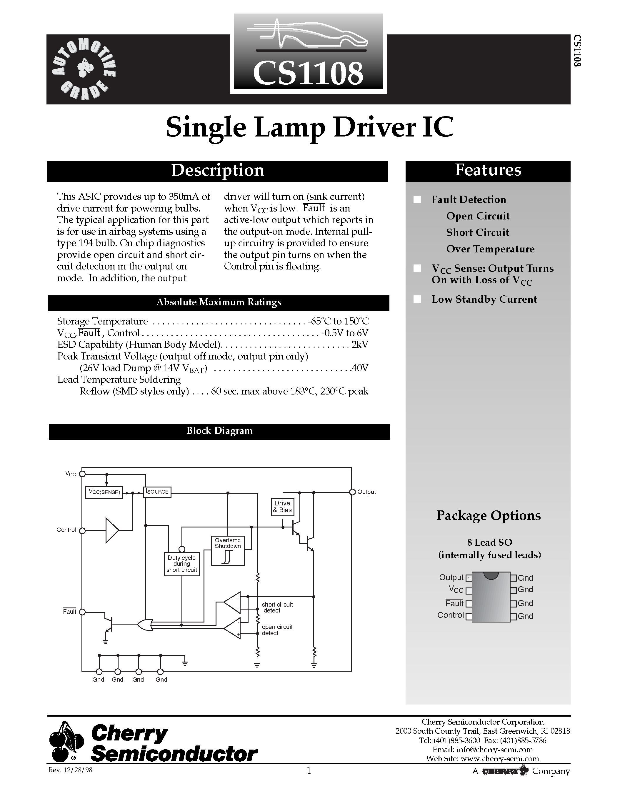 Даташит CS1108 - Single Lamp Driver IC страница 1