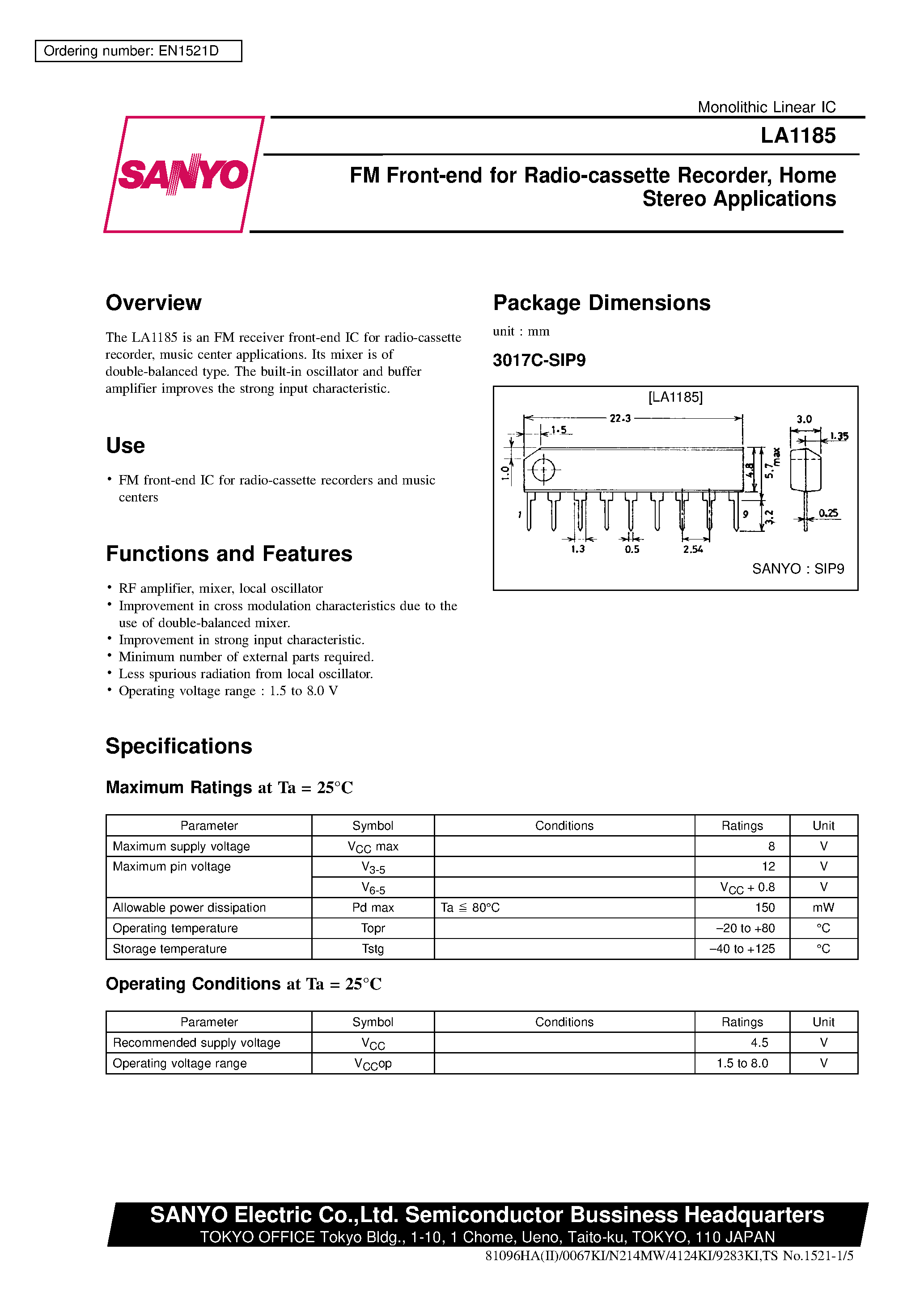 Даташит LA1185 - FM Front-end for Radio-cassette Recorder/ Home Stereo Applications страница 1