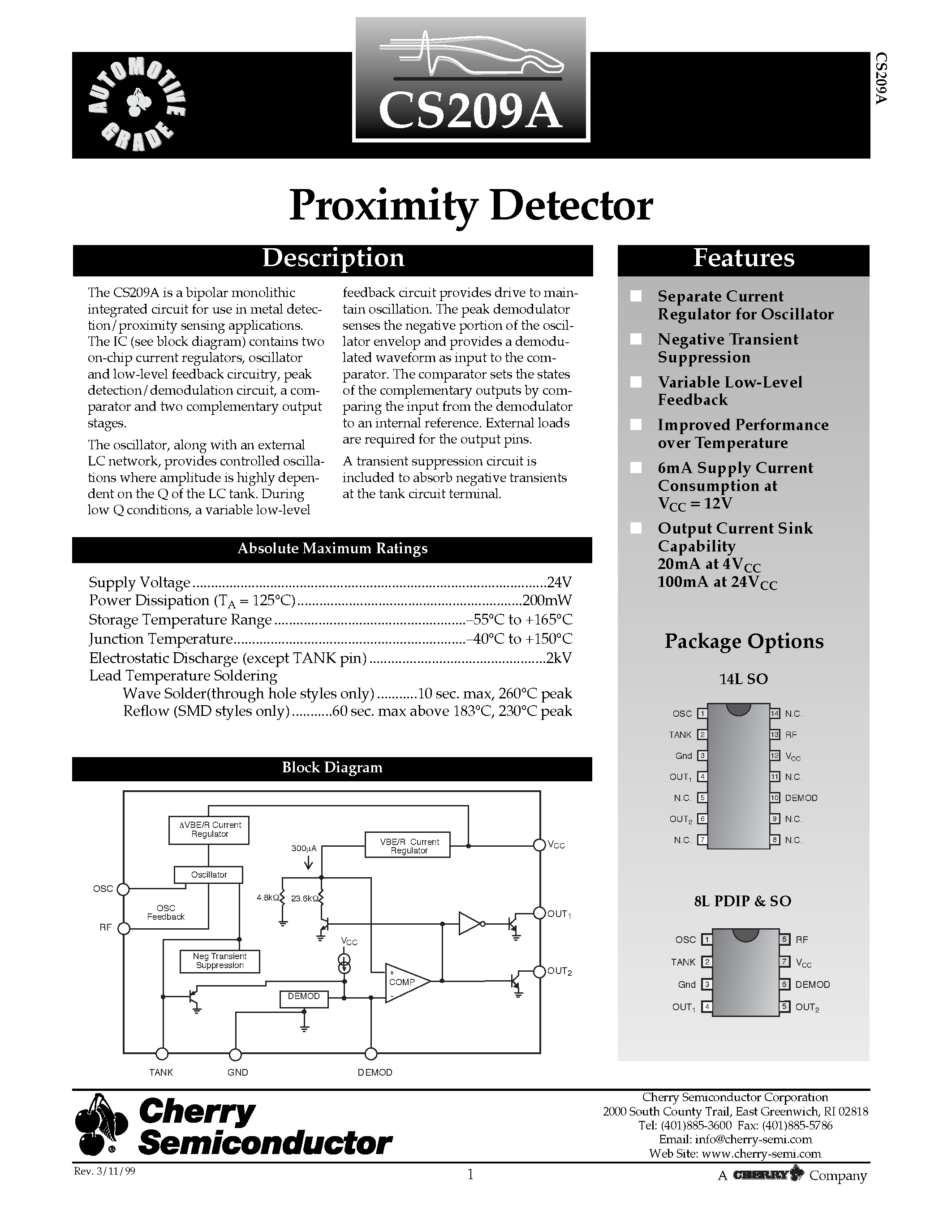 Datasheet CS209AYD8 page 1 Datasheet CS209AYD8 - Proximity Detector page 1
