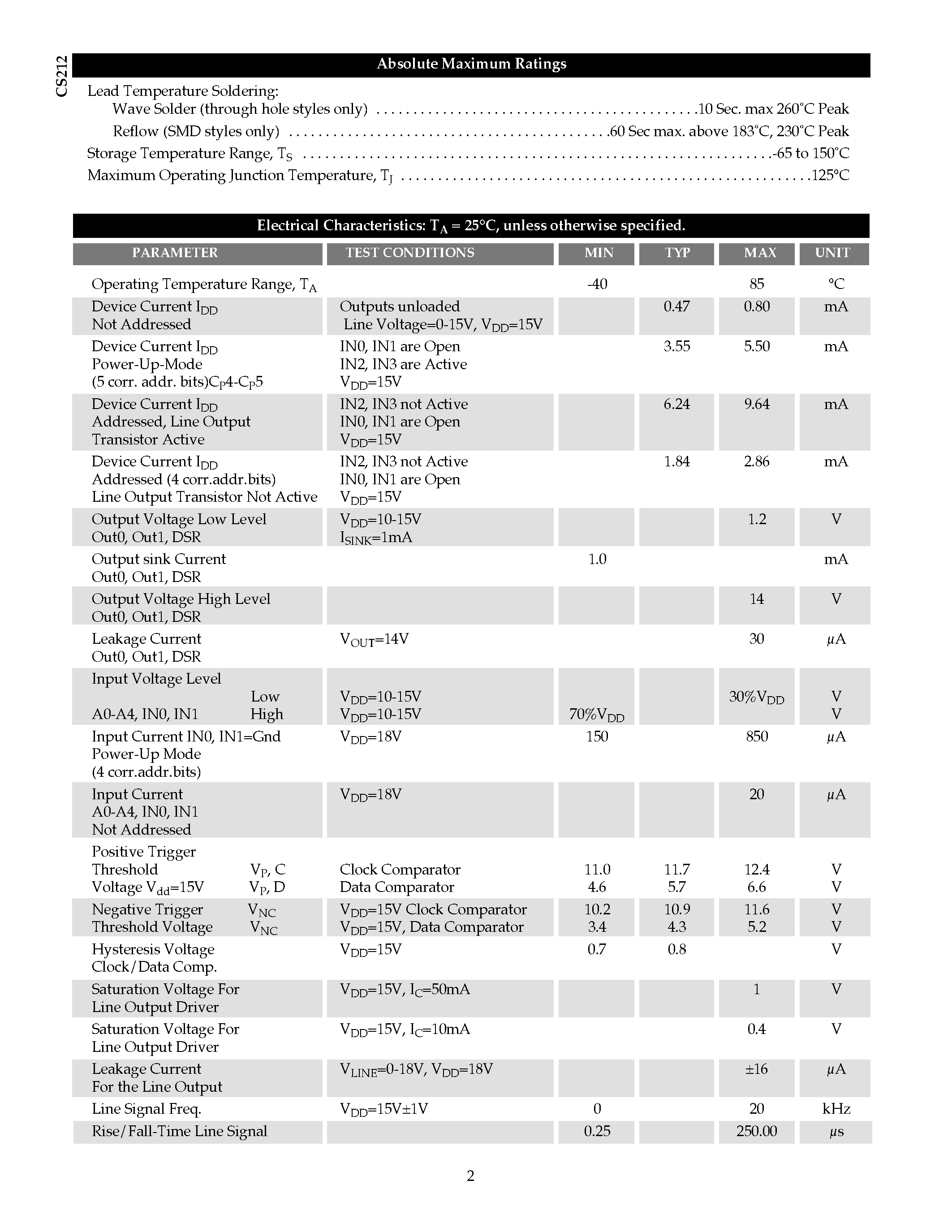 Datasheet CS212 page 2 Datasheet CS212 - Security Detector Serial-Addressable Receiver/Transmitter page 2