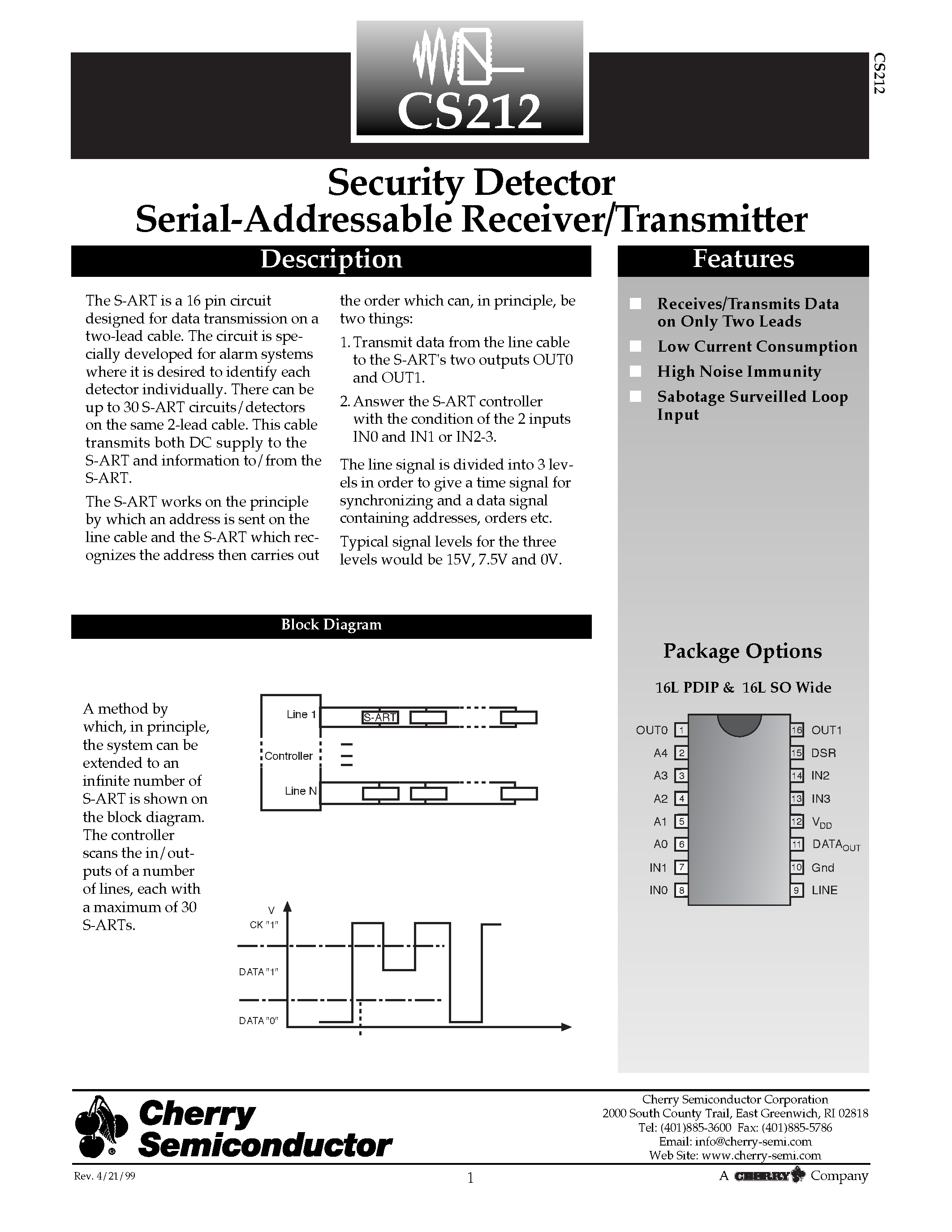 Datasheet CS212EDW16 - Security Detector Serial-Addressable Receiver/Transmitter page 1