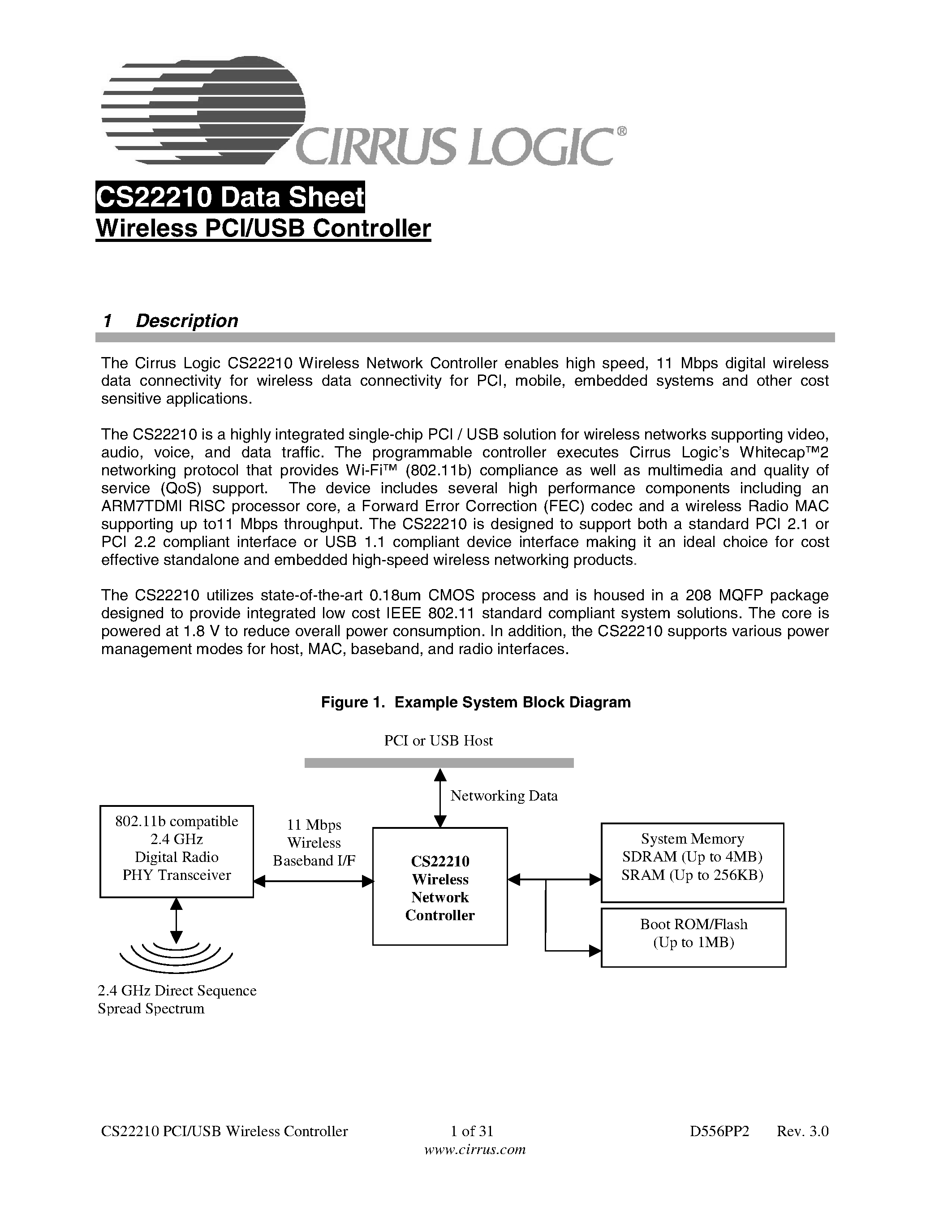 Datasheet CS22210 page 1 Datasheet CS22210 - WIRELESS PCI/USB CONTROLLER page 1