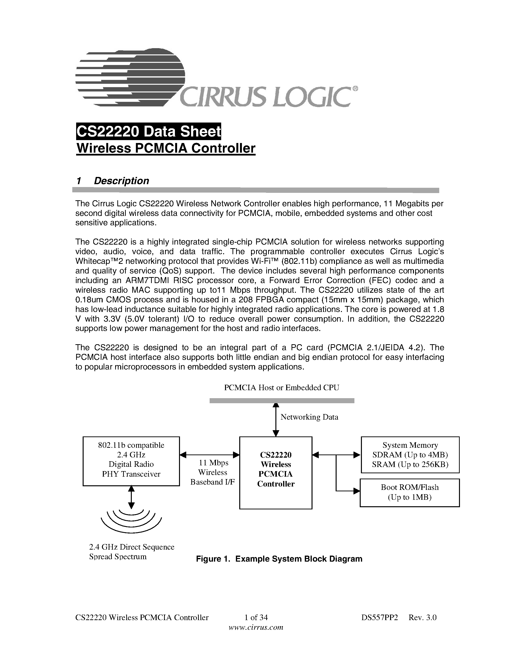 Datasheet CS22220 - WIRELESS PCI/USB CONTROLLER page 1