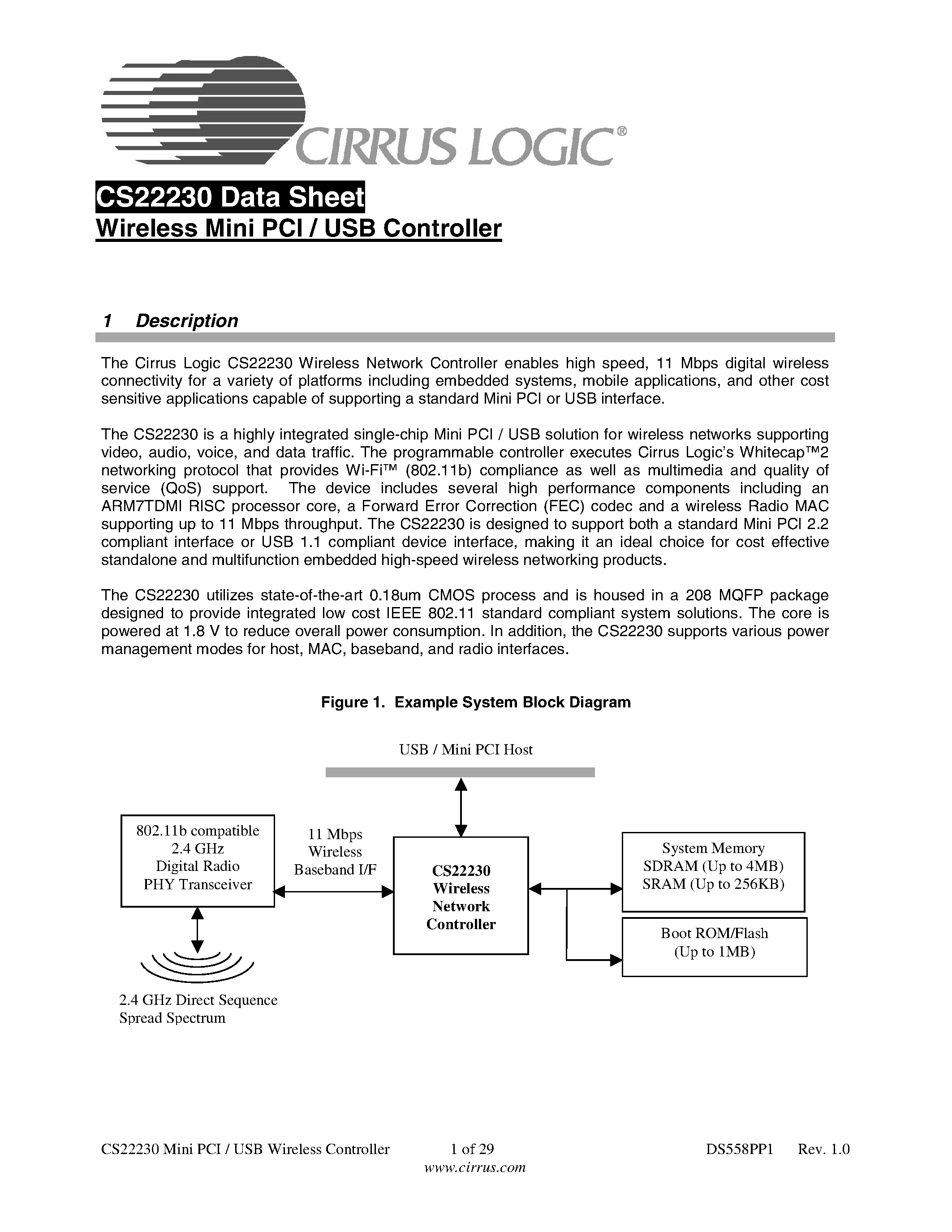 Datasheet CS22230 - WIRELESS PCI/USB CONTROLLER page 1