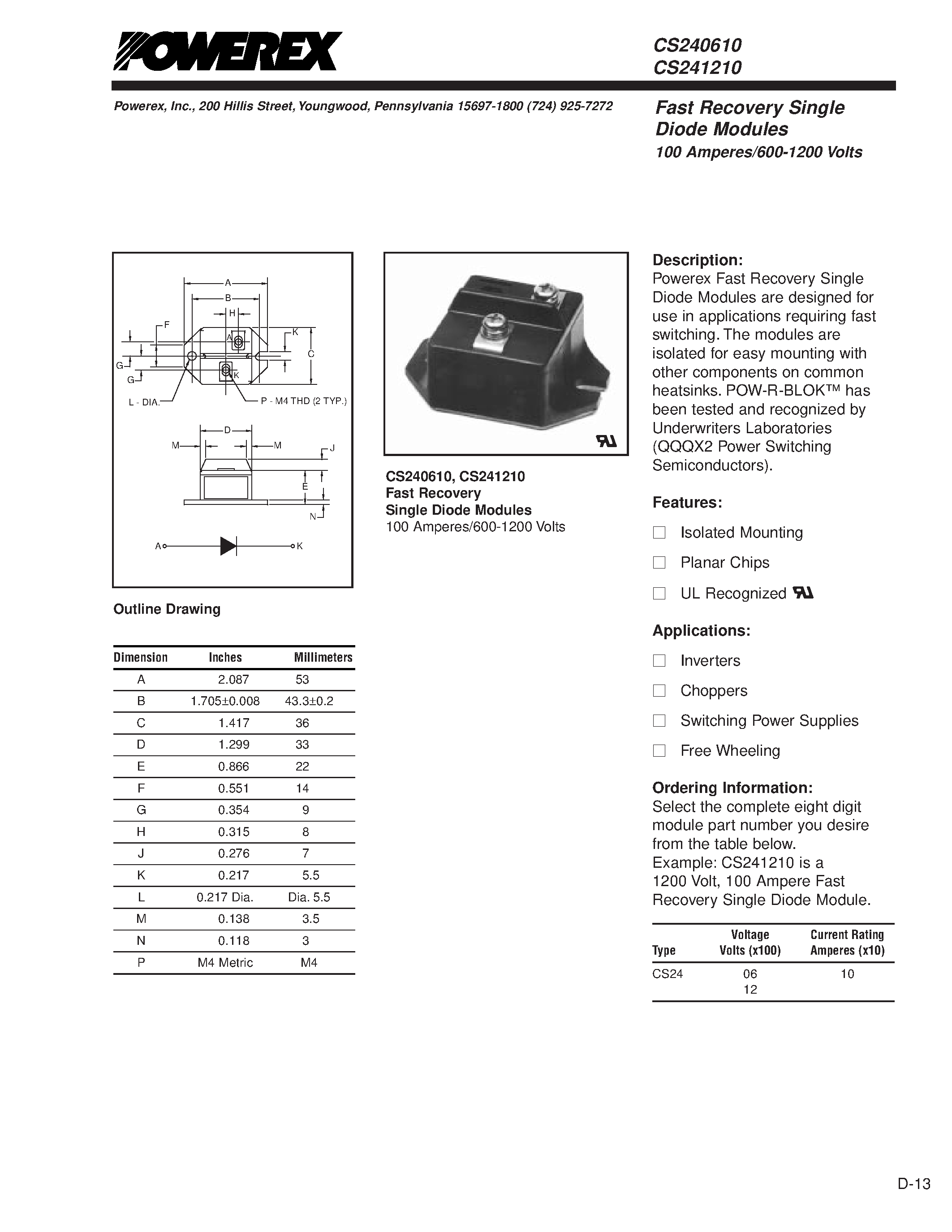 Даташит CS241210 - Fast Recovery Single Diode Modules 100 Amperes/600-1200 Volts страница 1