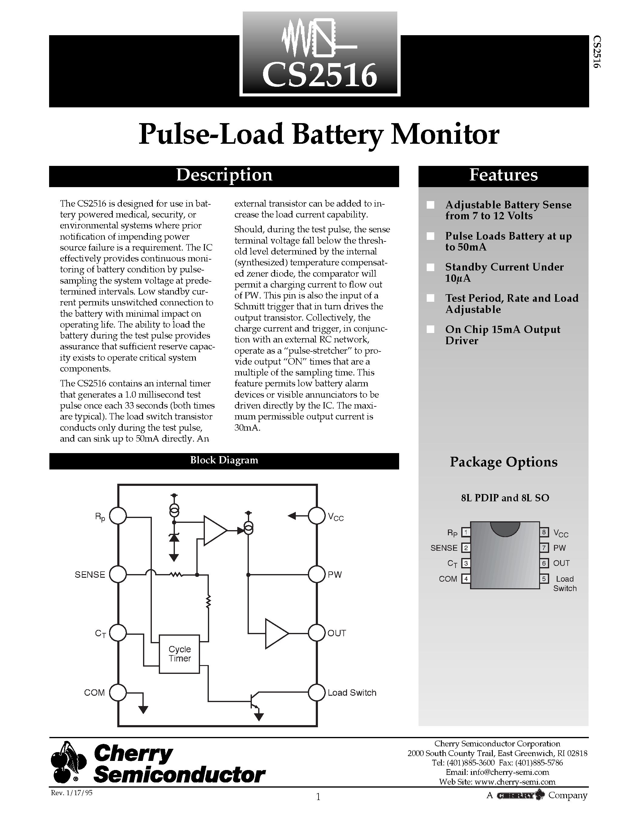 Datasheet CS2516KD8 page 1 Datasheet CS2516KD8 - Pulse-Load Battery Monitor page 1