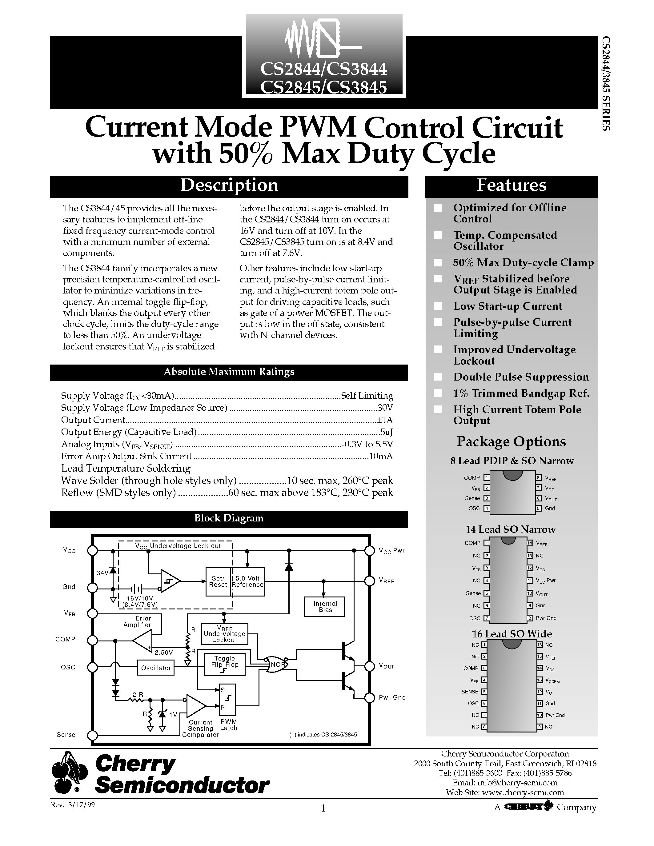 Datasheet CS2844 page 1 Datasheet CS2844 - Current Mode PWM Control Circuit with 50% Max Duty Cycle page 1