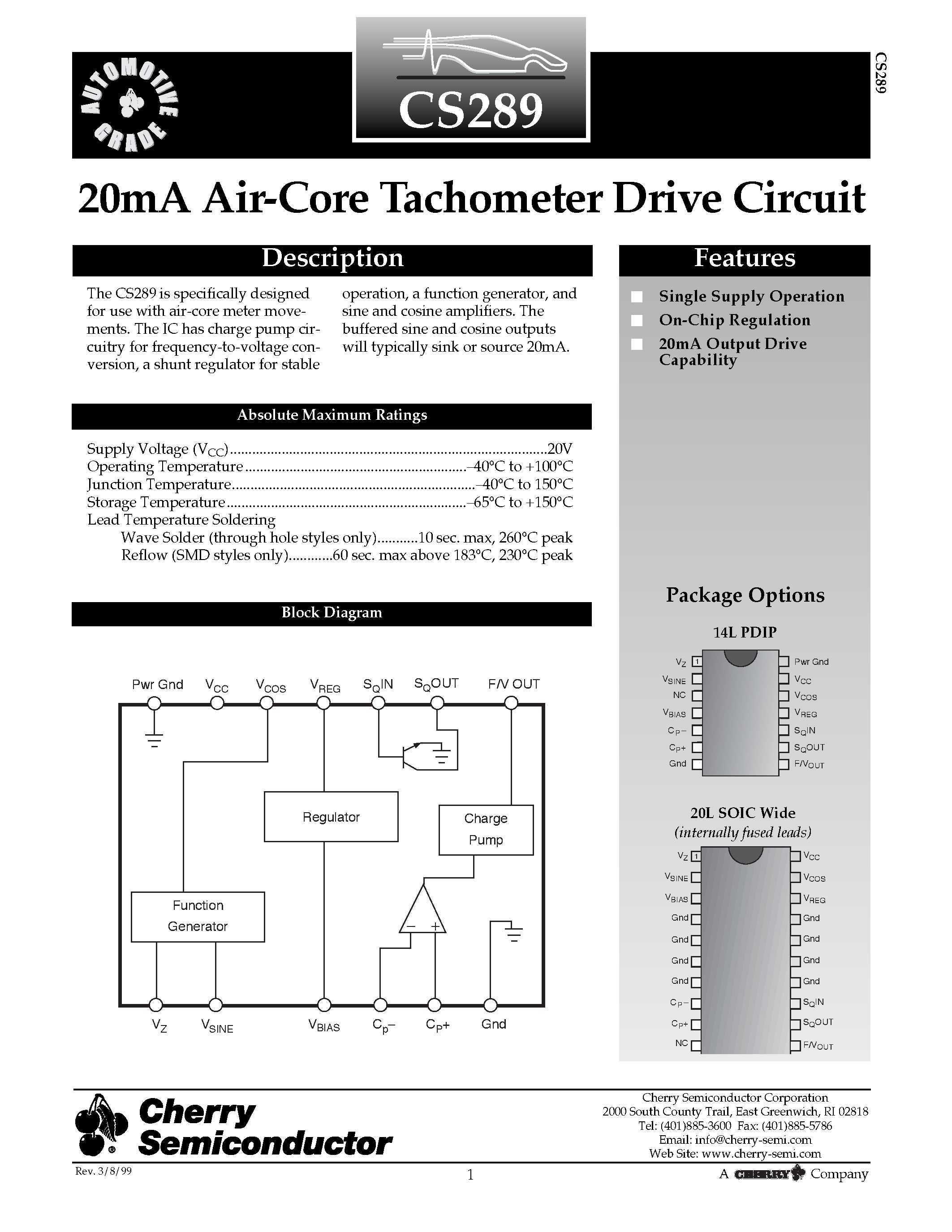 Даташит CS289GDWF20 - 20mA Air-Core Tachometer Drive Circuit страница 1