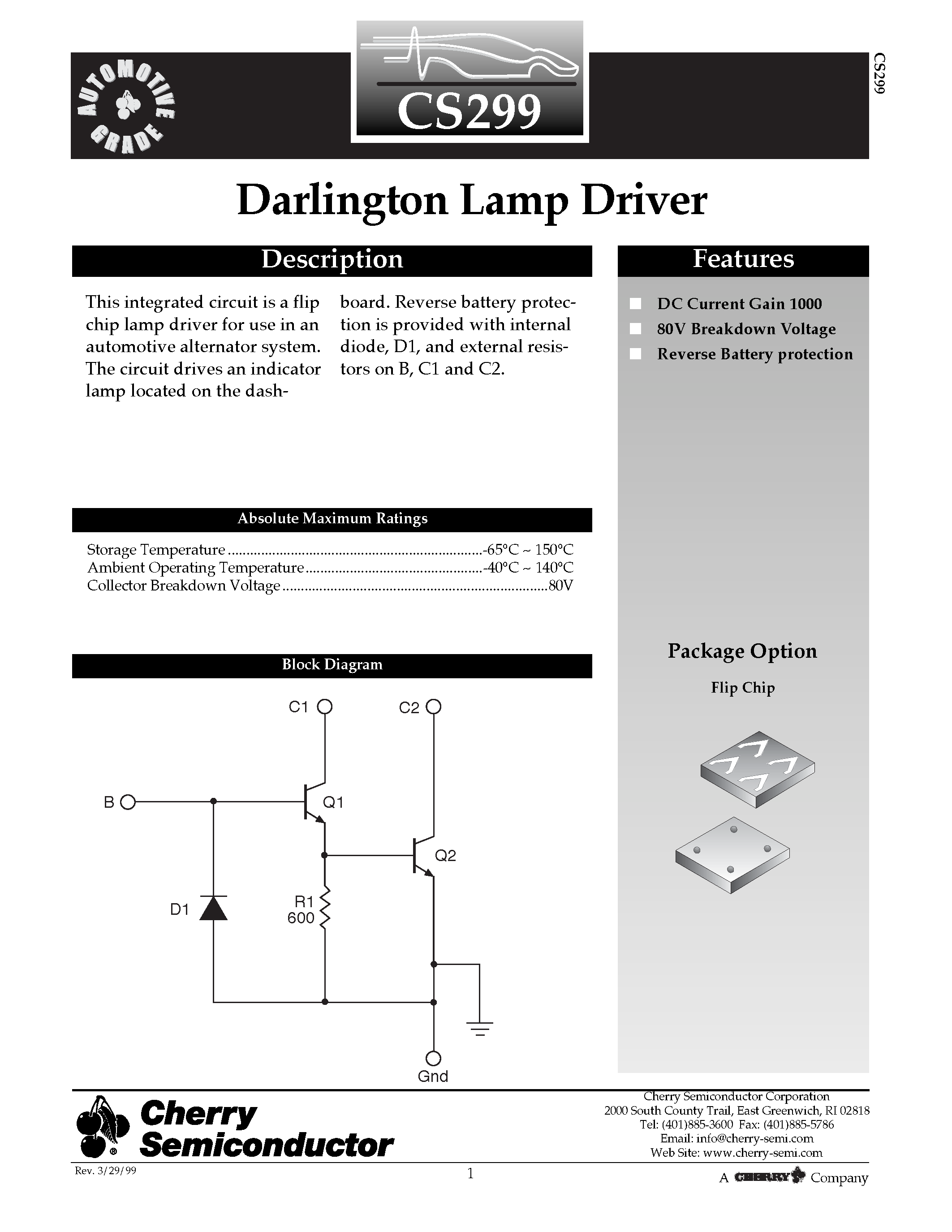 Datasheet CS299 - Darlington Lamp Driver page 1