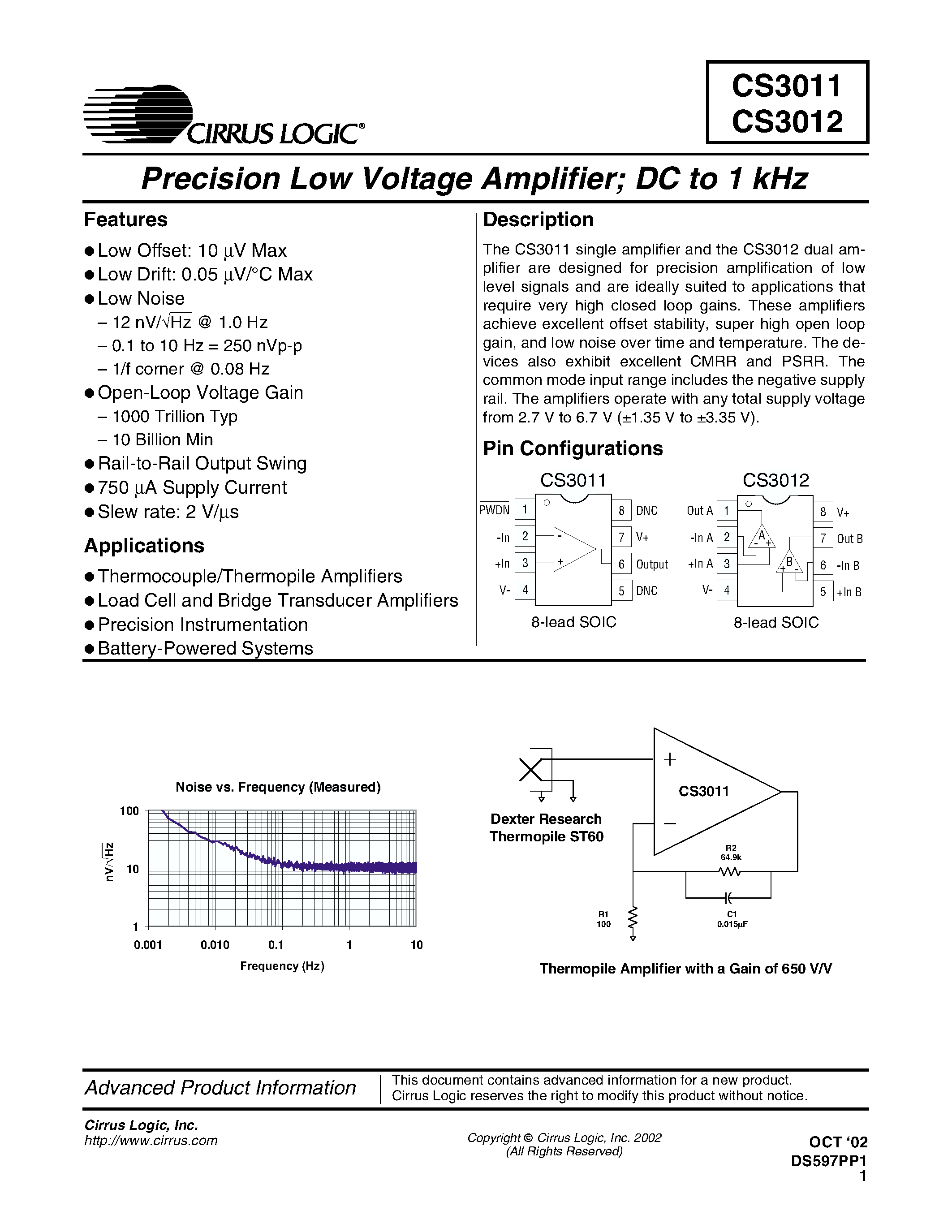 Даташит CS3012 - Precision Low Voltage Amplifier; DC to 1 kHz страница 1
