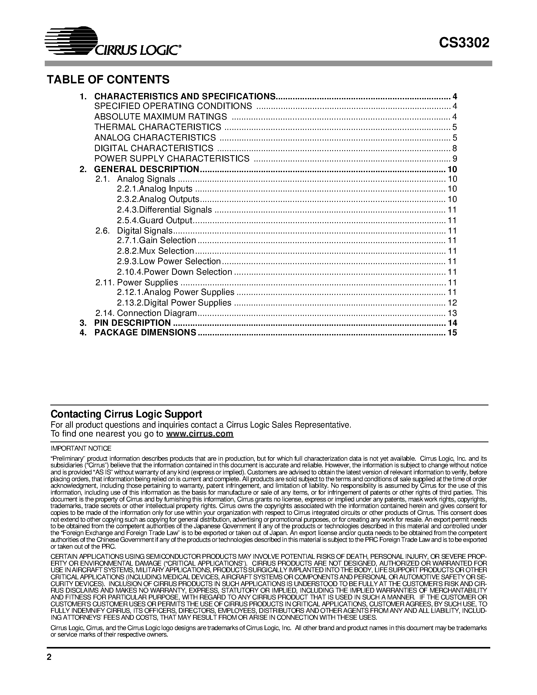 Datasheet CS3302 page 2 Datasheet CS3302 - HIGH Z PROGRAMMABLE GAIN DIFFERENTIAL AMPLIFIER page 2