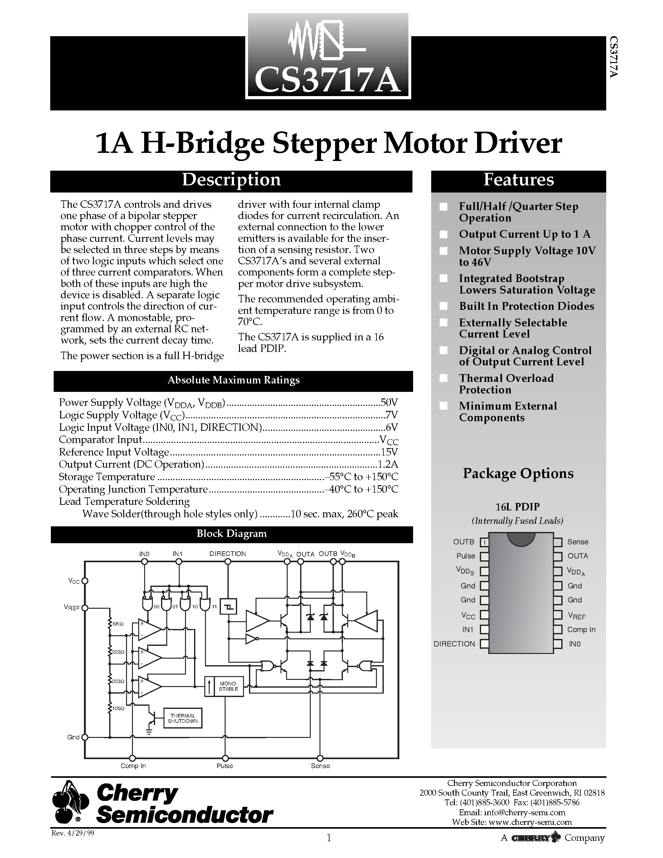 Datasheet CS3717A page 1 Datasheet CS3717A - 1A H-Bridge Stepper Motor Driver page 1