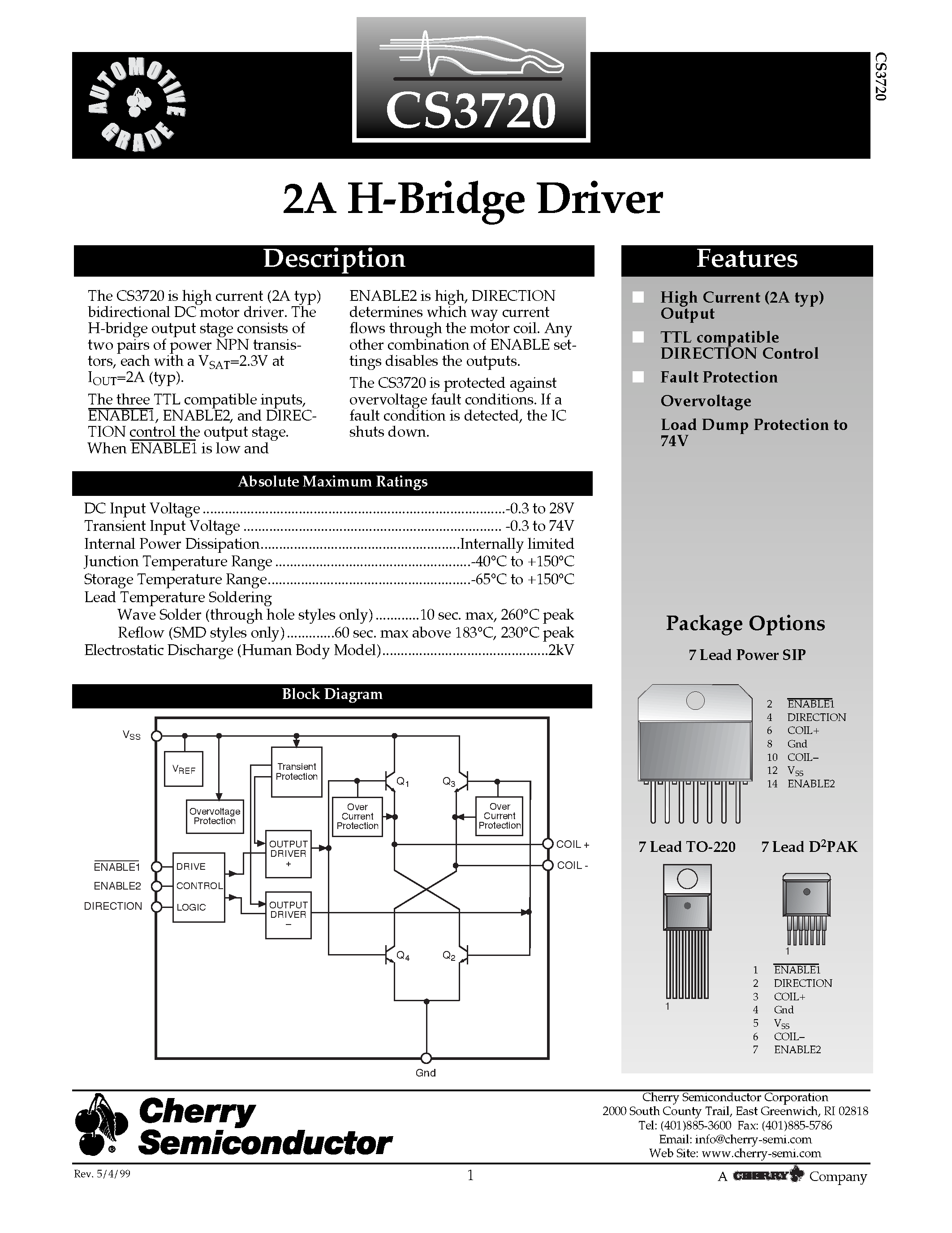 Datasheet CS3720XTVA7 page 1 Datasheet CS3720XTVA7 - 2A H-Bridge Driver page 1