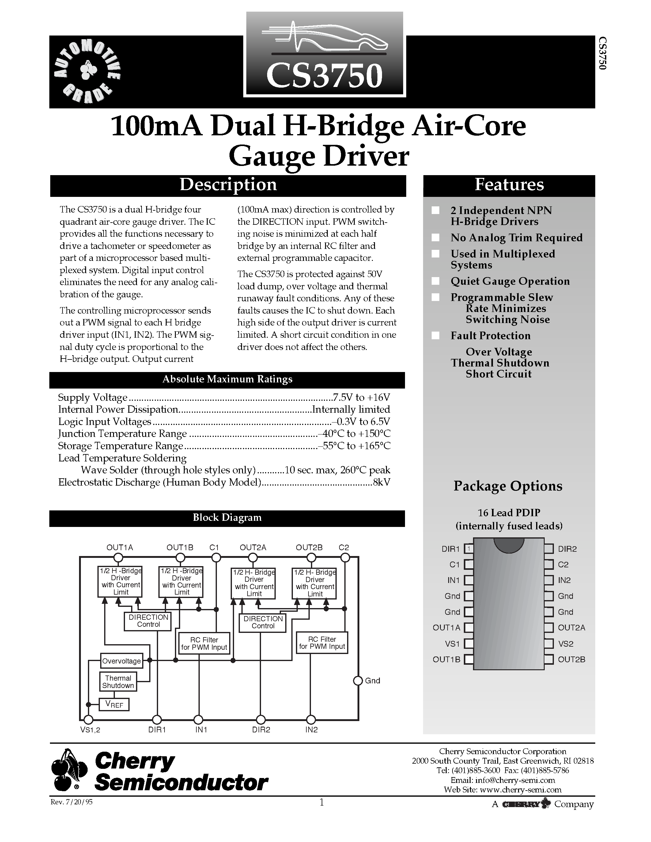 Datasheet CS3750 page 1 Datasheet CS3750 - 100mA Dual H-Bridge Air-Core Gauge Driver page 1