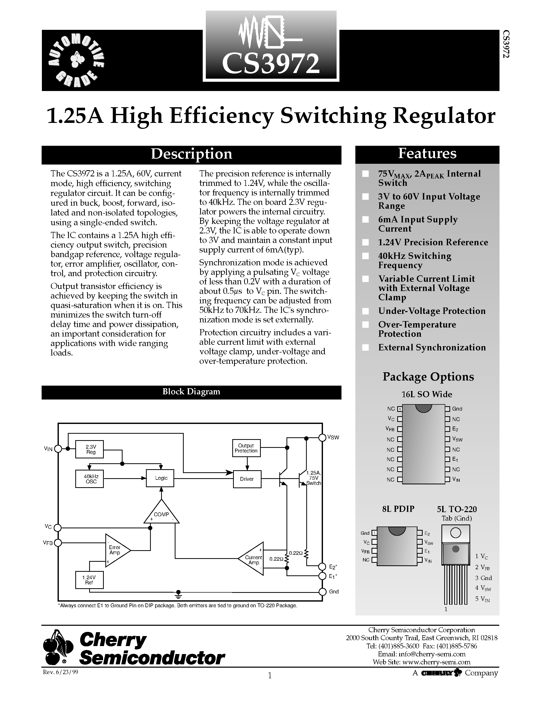 Даташит на микросхему CS3972YDWR16 страница 1 Даташит CS3972YDWR16 - 1.25A High Efficiency Switching Regulator страница 1