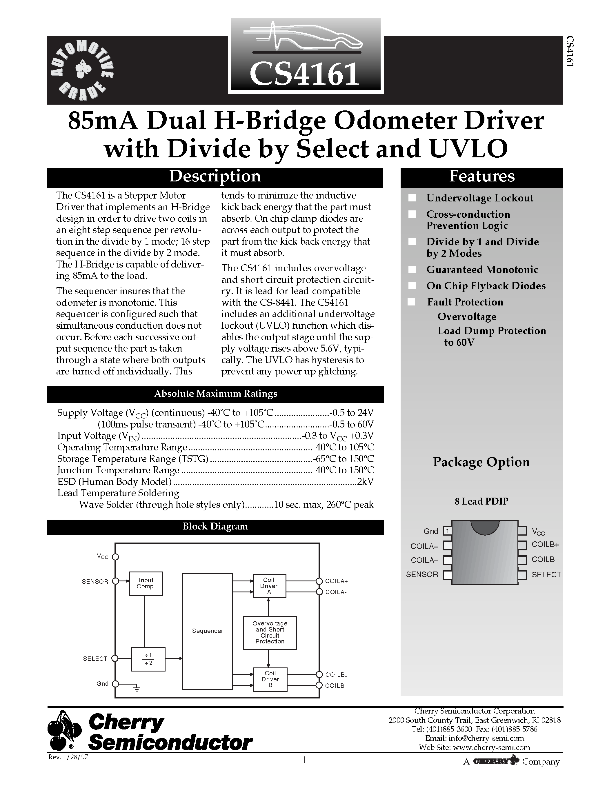 Datasheet CS4161 page 1 Datasheet CS4161 - 85mA Dual H-Bridge Odometer Driver with Divide by Select and UVLO page 1