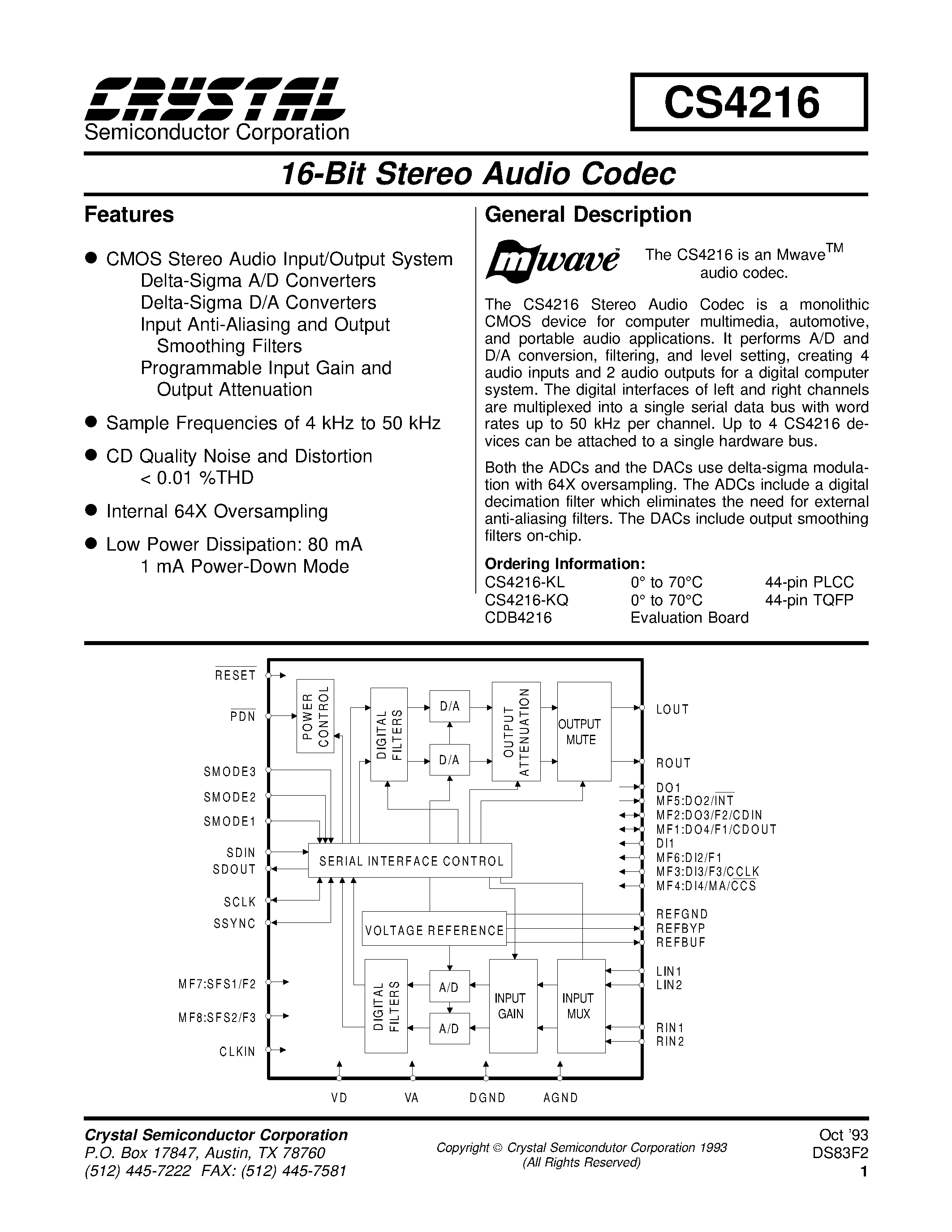 Даташит CS4216 - 16-Bit Stereo Audio Codec страница 1