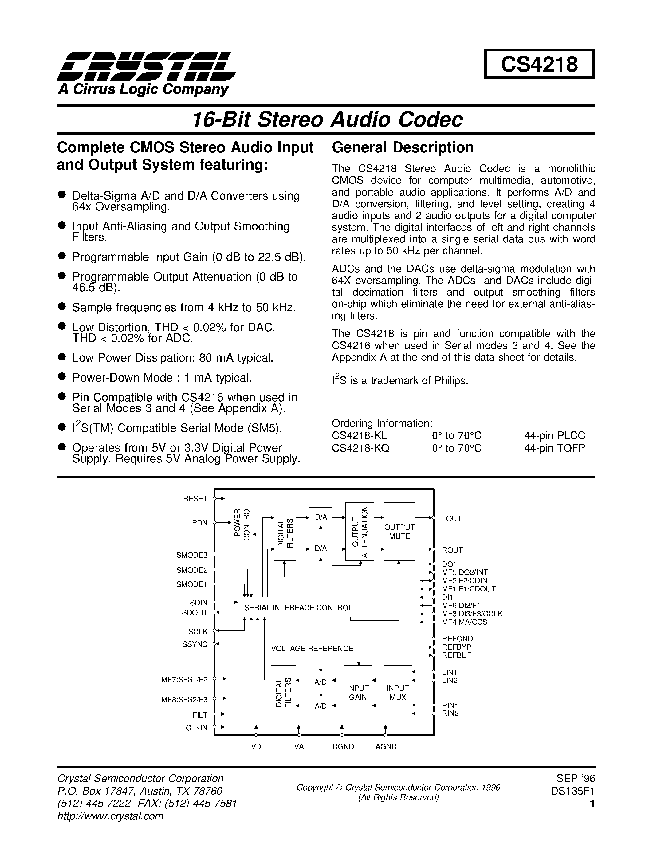 Даташит CS4218-KQ - 16-Bit Stereo Audio Codec страница 1