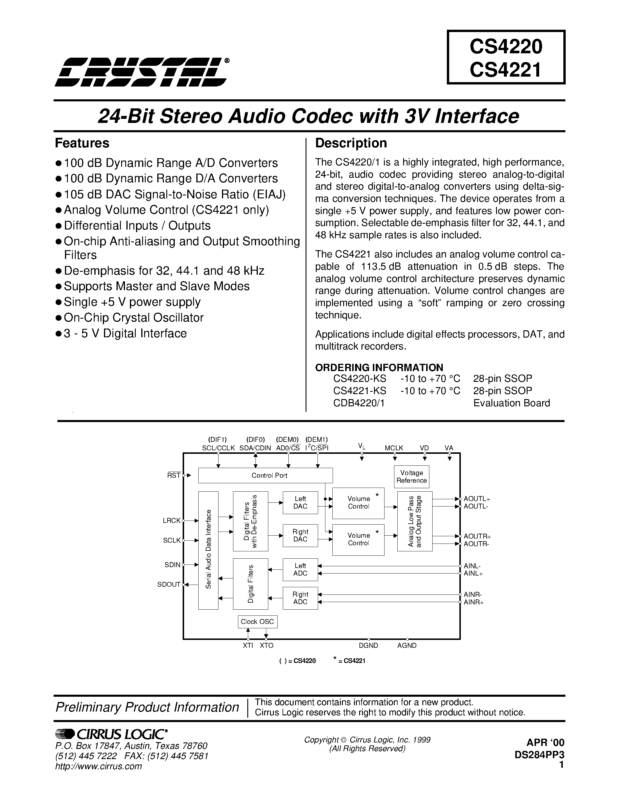 Даташит CS4220 - 24-Bit Stereo Audio Codec with 3V Interface страница 1